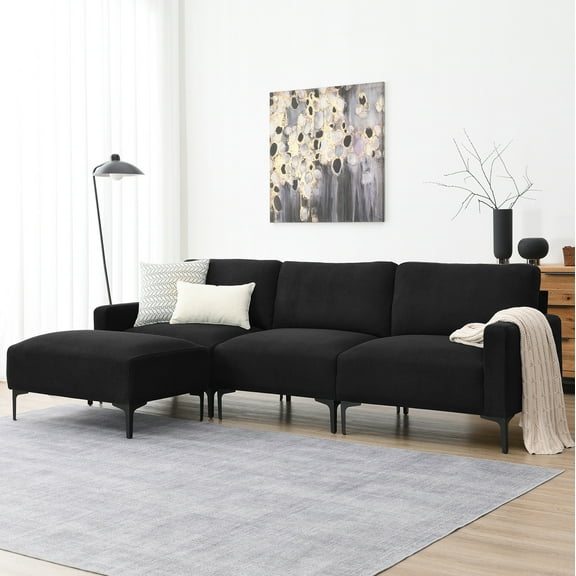 DEALTOPS Modern L-Shaped Velvet Sectional Sofa Couch with Ottoman, Upholstered Sleeper Sofa bed for Living Room or Bedroom-Black