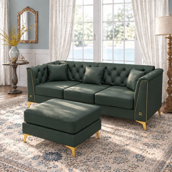 DEALTOPS Modern Luxury Faux Leather Tufted Chesterfield 3-Seat Sofa with Ottoman & Pillows, Green
