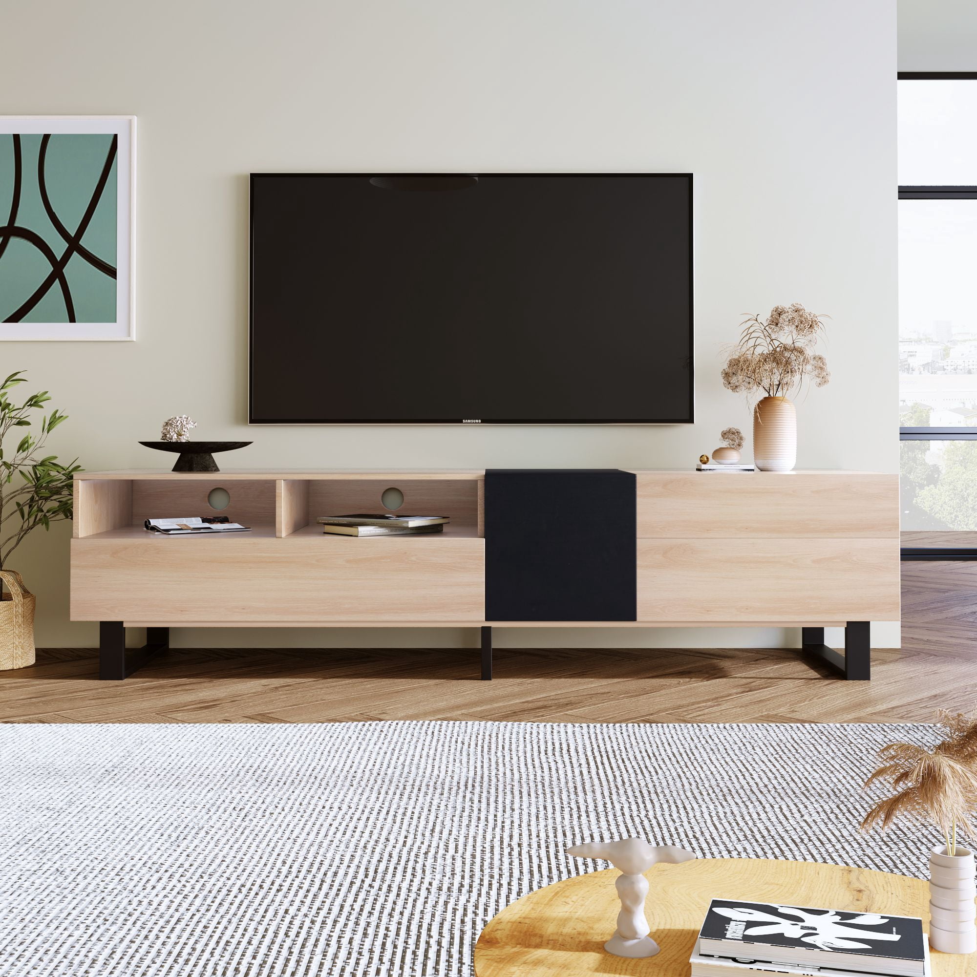 DEALTOPS Modern Minimalist TV Stand with Open Storage Shelves and Large Storage Space for TVs up to 80'' -Natural Wood