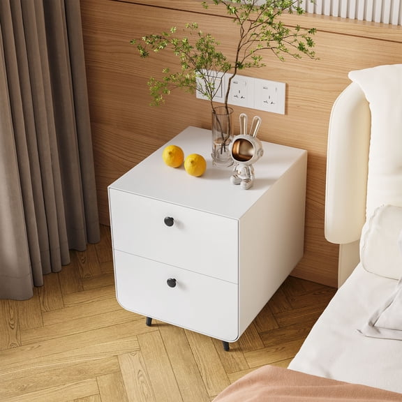 DEALTOPS Modern Steel Nightstand with 2 Storage Drawers and Adjustable Feet, Bedside Storage Cabinet with Circular Handles for Bedroom- White