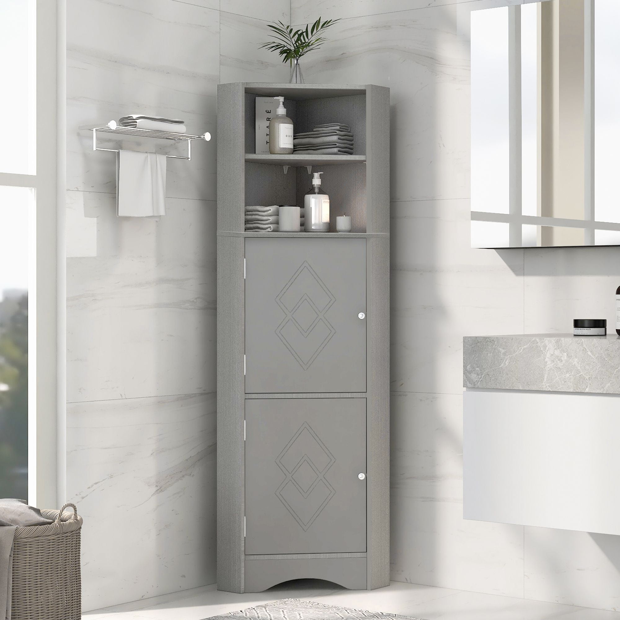 DEALTOPS Modern Tall Corner Cabinet, Freestanding Storage Cabinet with Adjustable Shelves, Gray