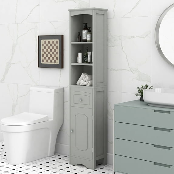 DEALTOPS Modern Tall Storage Cabinet with Adjustable Shelves and Open Storage Space, Slim Freestanding Storage Cabinet with for Bathroom - Gray