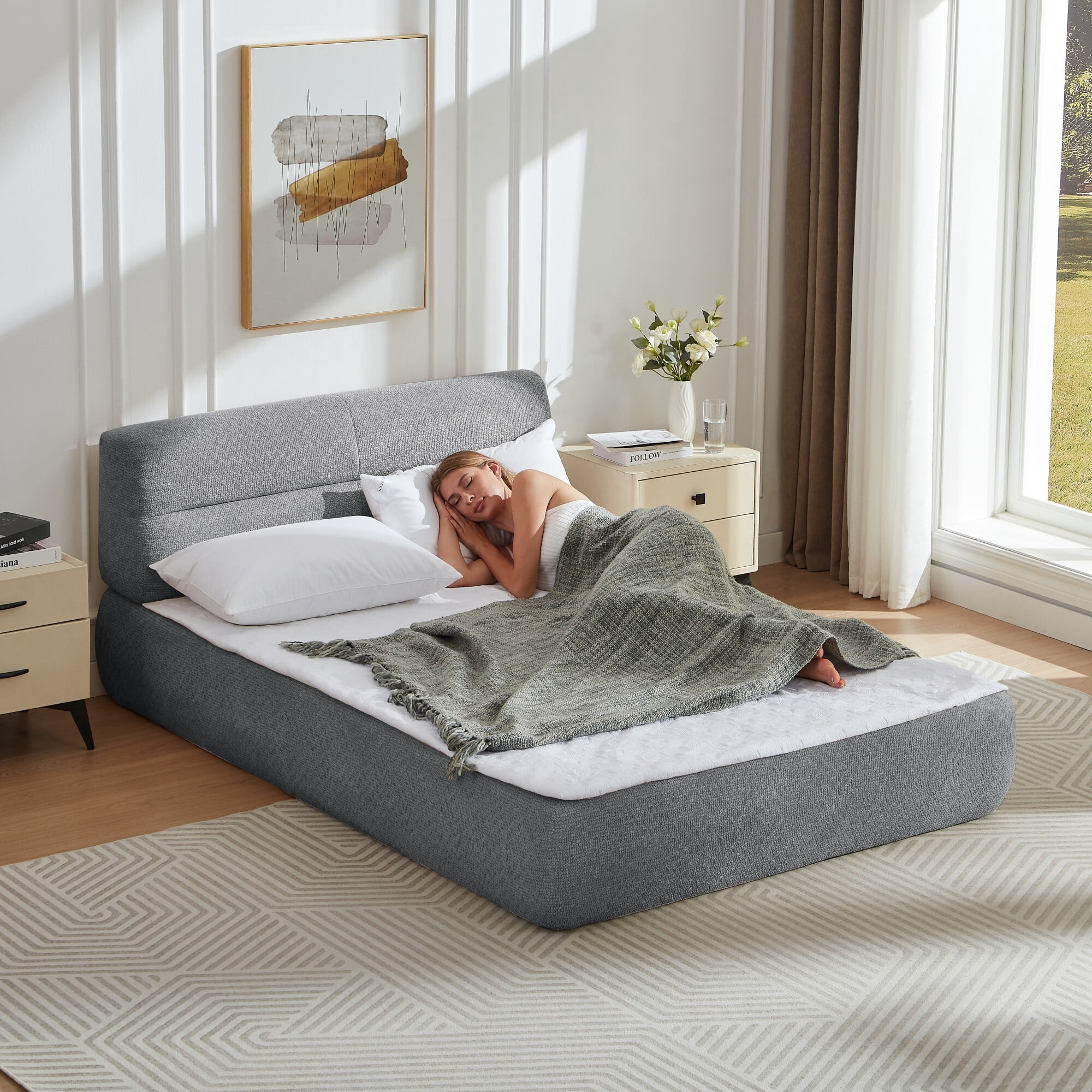 DEALTOPS Modern Upholstered Chenille Bed, Compressed Platform Bed with Spring Support, No Assembly, Gray