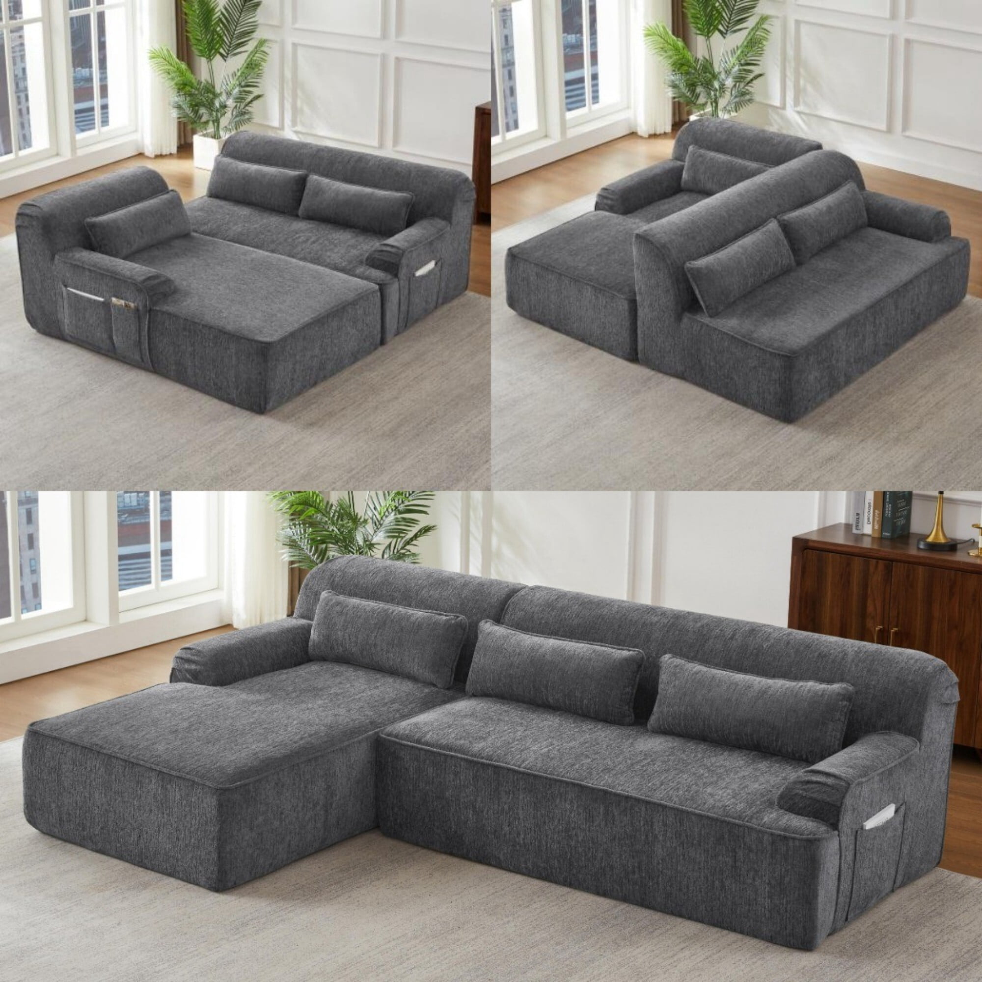 DEALTOPS Modular L-Shaped Chenille Sofa Couch, Convertible Sponge Sectional Sofa with Chaise, No Assembly Required, Gray
