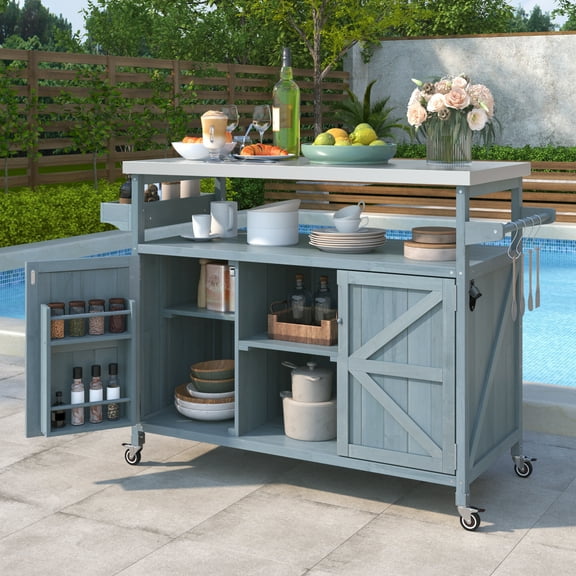 DEALTOPS Outdoor Kitchen Island, Rolling Bar Cart & Storage Cabinet, Farmhouse Solid Wood Outdoor Grill Table with Stainless Steel Top, Spice Rack , Towel Rack for Kitchen & BBQ-Blue