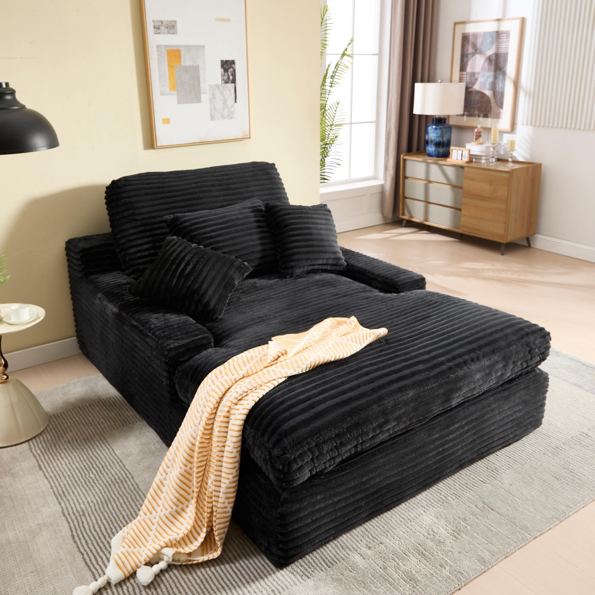 DEALTOPS Oversized Corduroy Chaise Lounge Sofa, 75.2" Upholstered Couch with Pillows for Living Room & Bedroom, Black