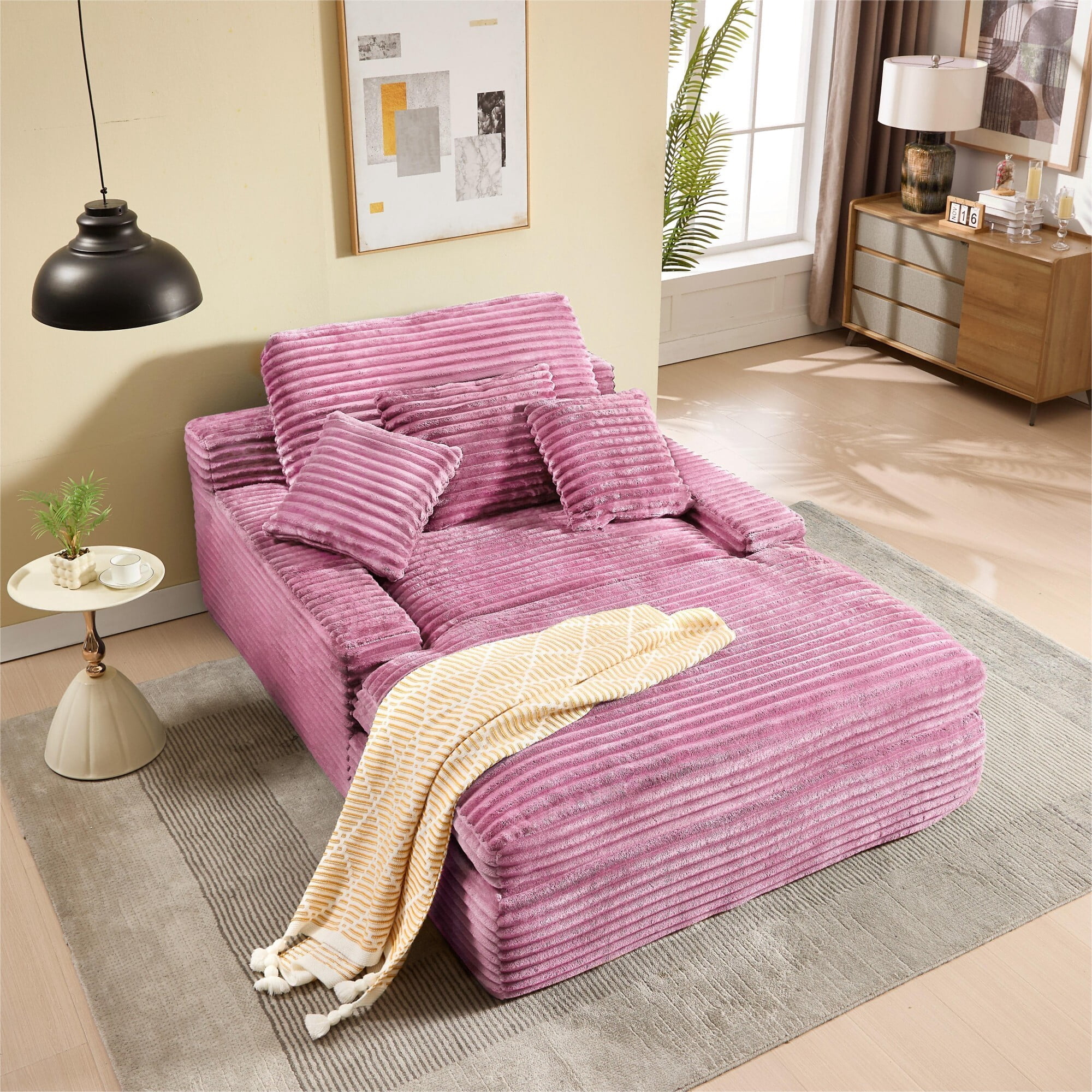 DEALTOPS Oversized Corduroy Chaise Lounge Sofa, 75.2" Upholstered Couch with Pillows for Living Room & Bedroom, Pink