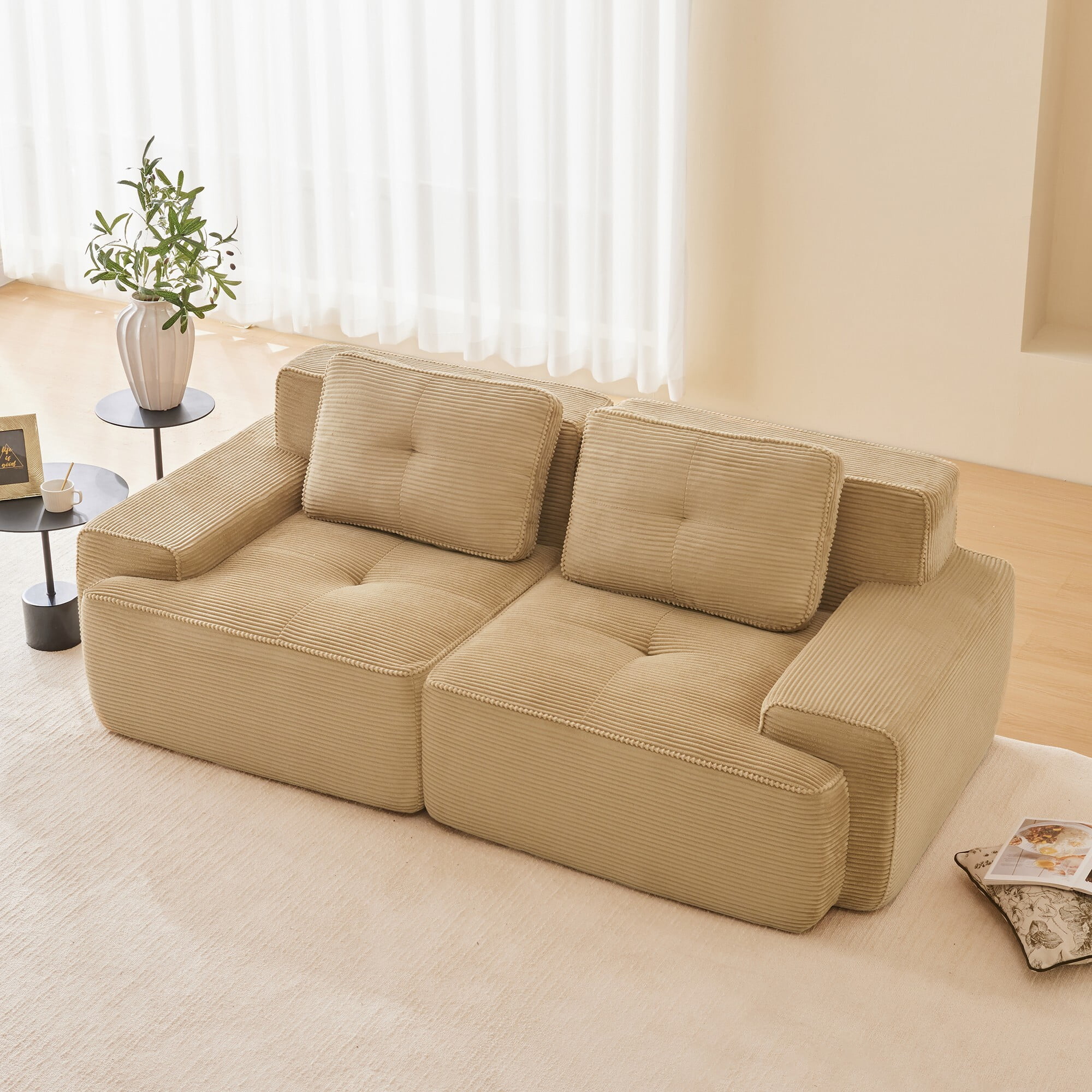 DEALTOPS Oversized Corduroy Loveseat, Sponge Filler Deep Seat 2-Seater Sofa for Living Room, No Assembly Needed, Camel