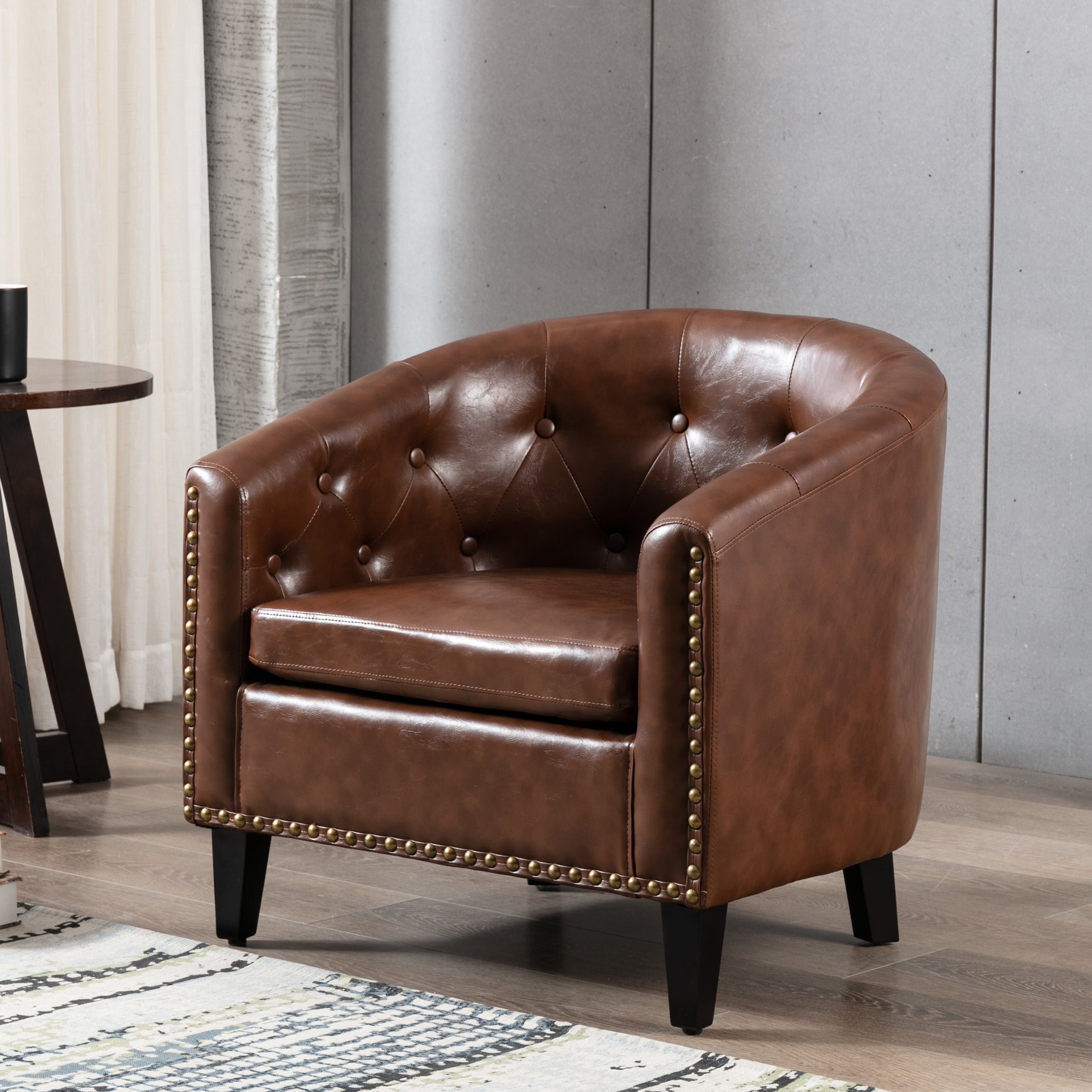 DEALTOPS PU Leather Tufted Barrel Chair Tub Chair for Living Room Bedroom Club Chairs-Dark Brown