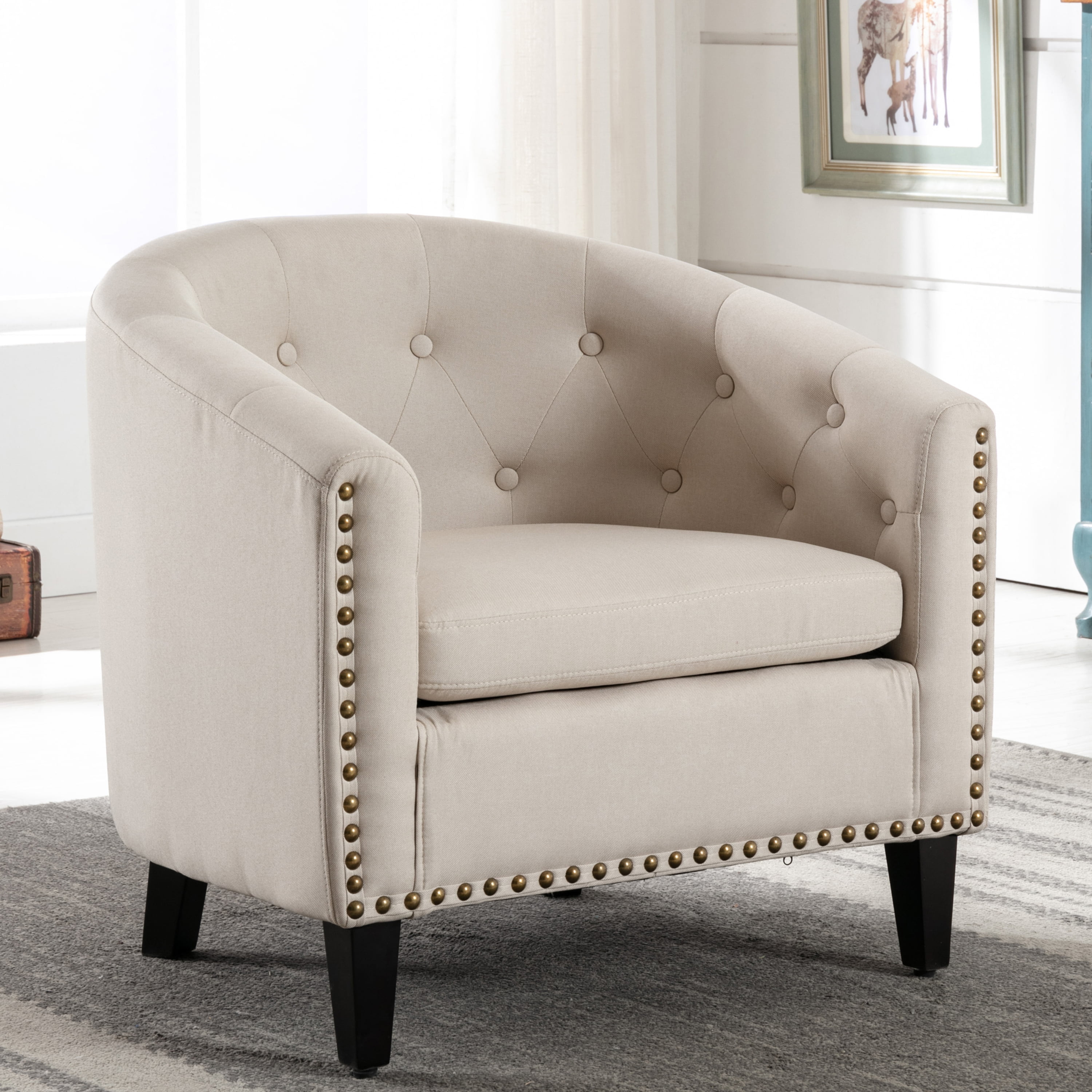 DEALTOPS PU Leather Tufted Barrel Chair for Living Room Bedroom-Beige