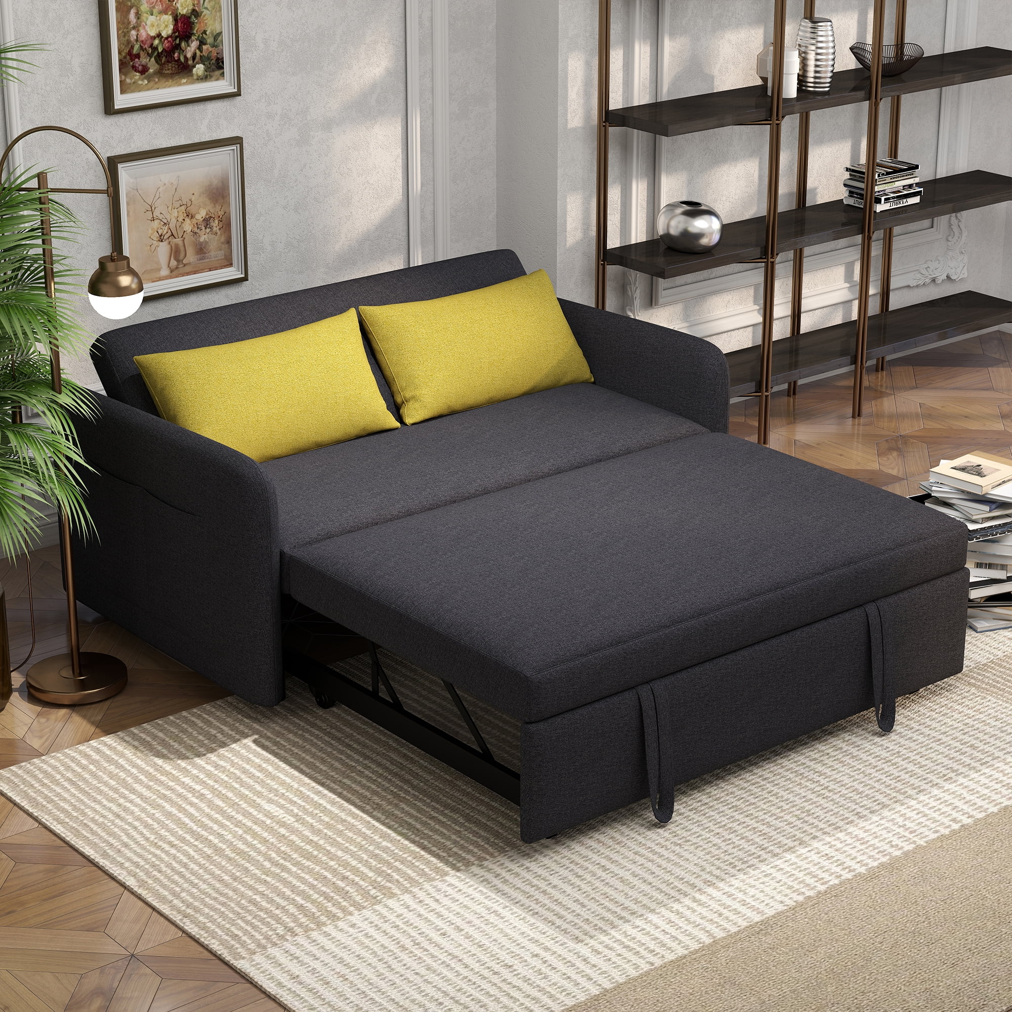DEALTOPS Pull-Out Loveseat Sofa Bed with USB Ports and Side Pockets ...
