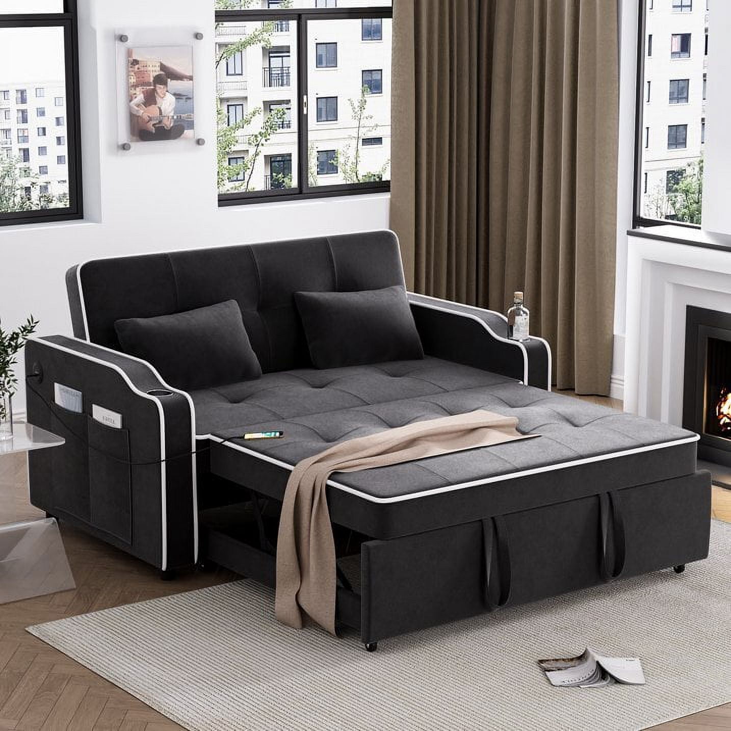DEALTOPS Pull Out Sofa Bed, Convertible Loveseat Sleeper with Cup Holders and Usb Ports, Black