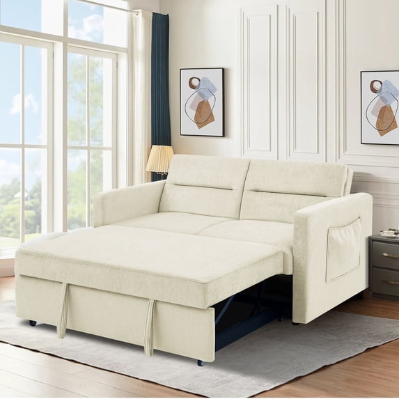 DEALTOPS Pull Out Sofa Bed, Convertible Loveseat Sleeper with Side Pockets, Beige