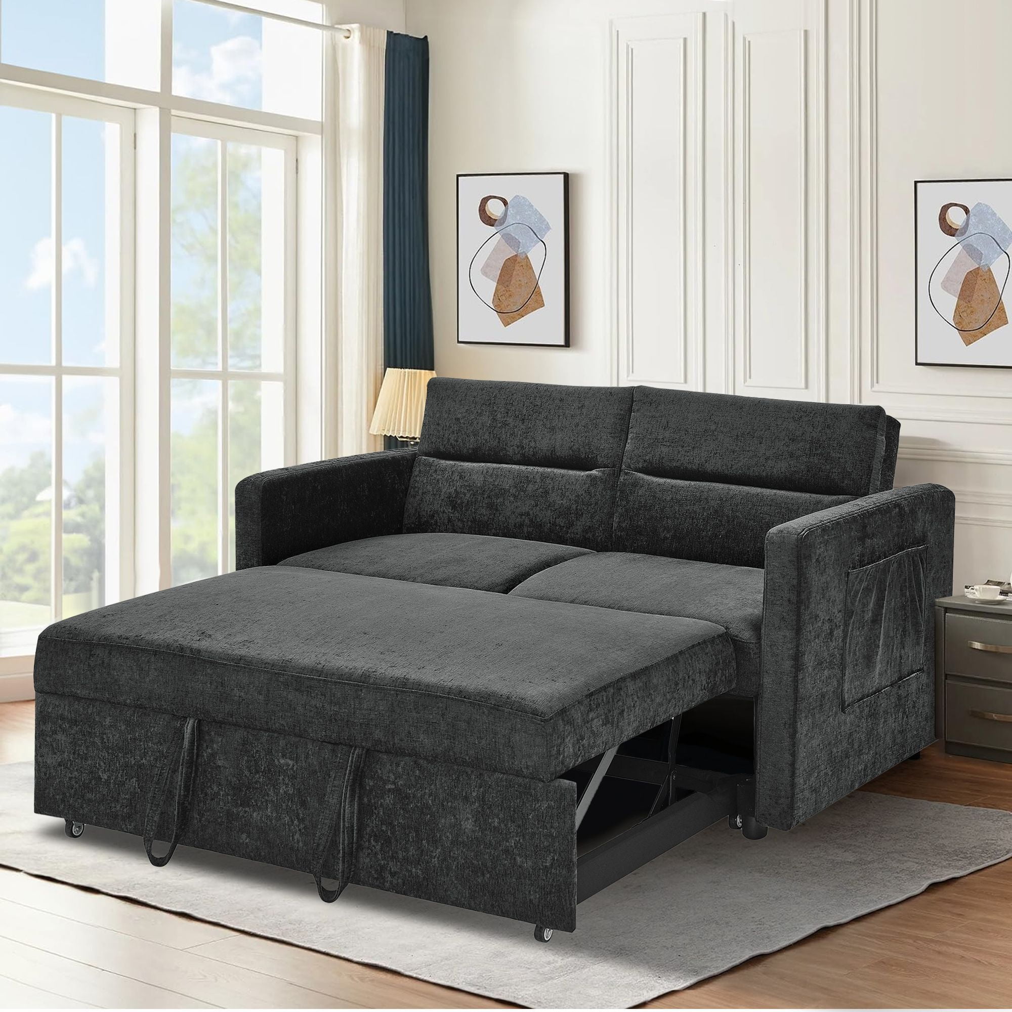 Dealtops Convertible Loveseat Sleeper with Armrest Pull Out Sofa Bed Fold Couch with Side Pockets Black
