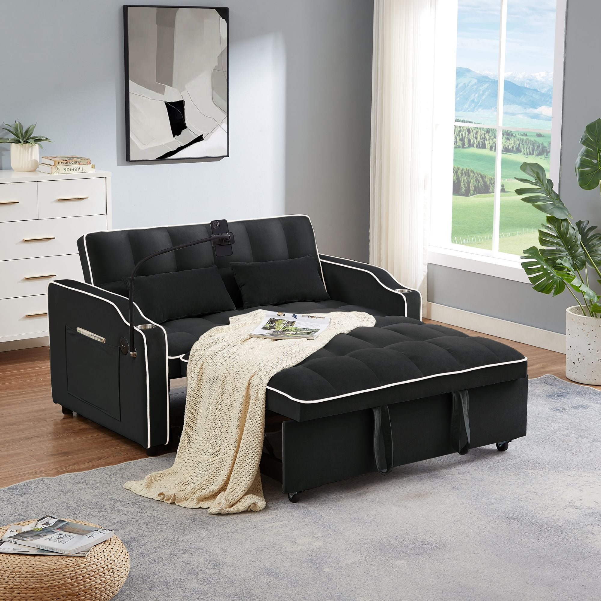 DEALTOPS Pull Out Sofa Bed, Velvet Loveseat Sleeper with Cup Holders, USB Ports and A Phone Stand, Black