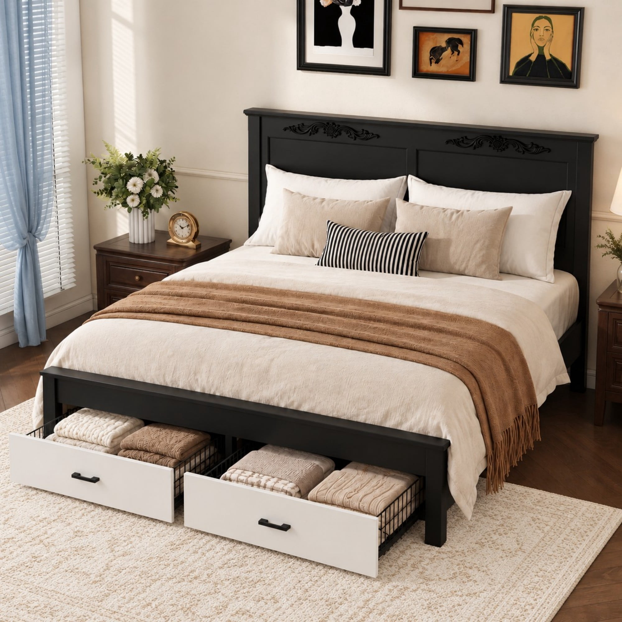 DEALTOPS Queen French Country Platform Bed Frame with Carved Headboard, 2 Drawers, No Box Spring, Two-Tone