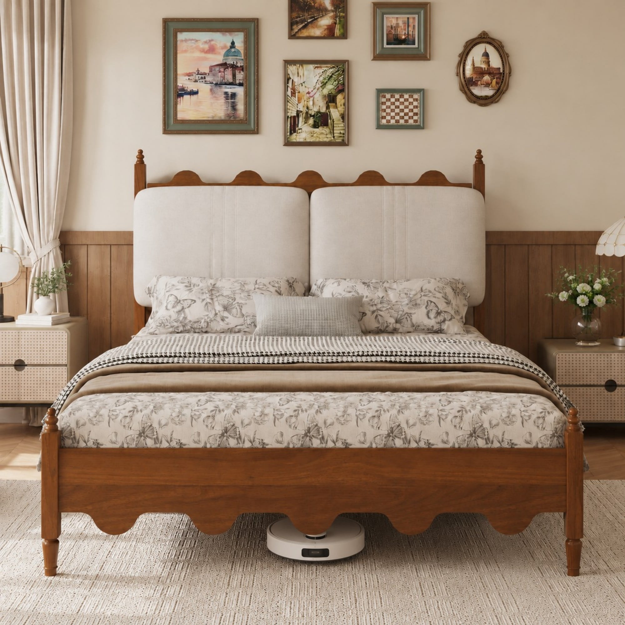 DEALTOPS Queen French Country Scalloped Platform Bed Frame with Upholstered Headboard, No Box Spring, Walnut