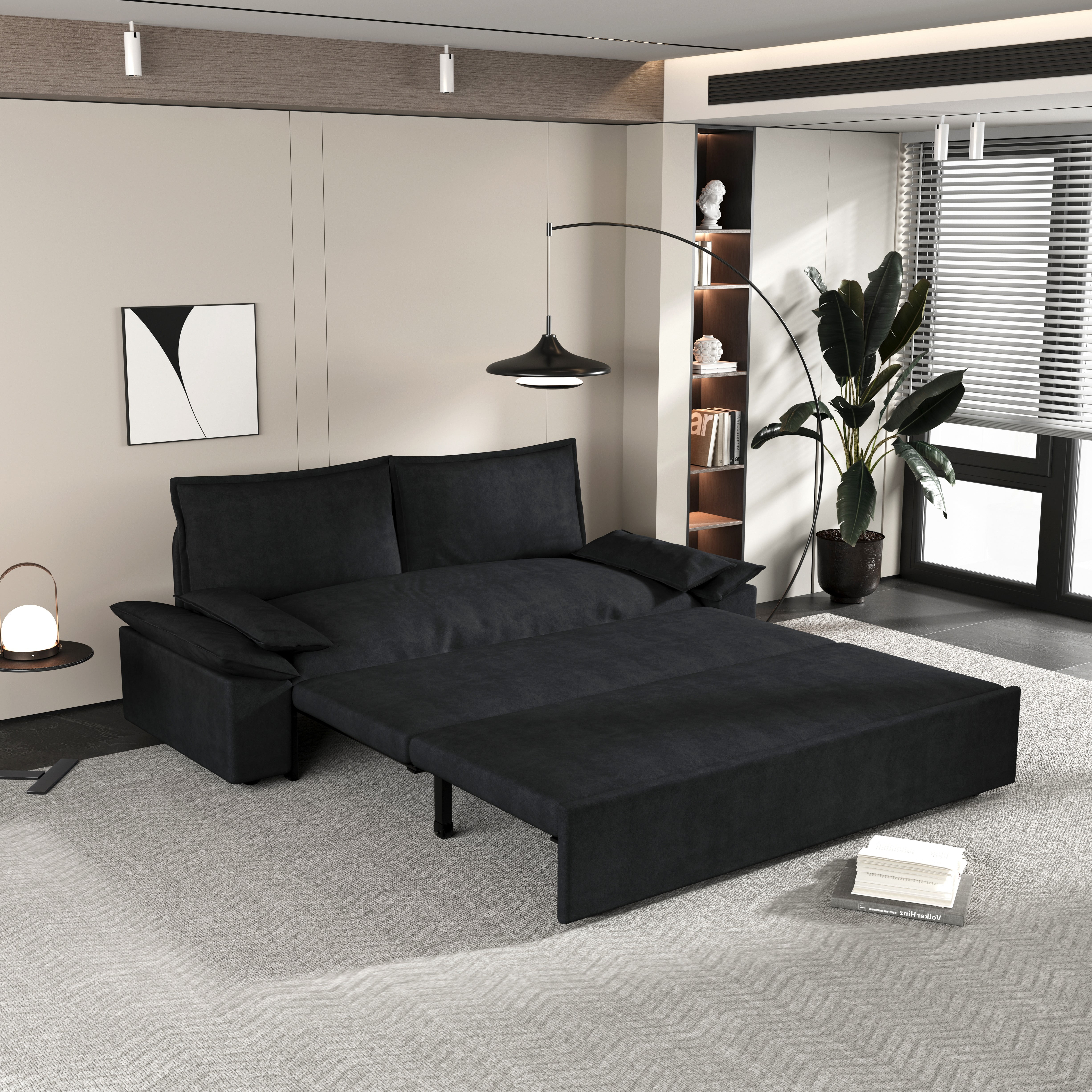 DEALTOPS Queen Pull-Out Sleeper Sofa Bed, 3-in-1 Velvet Loveseat for Small Spaces, Black