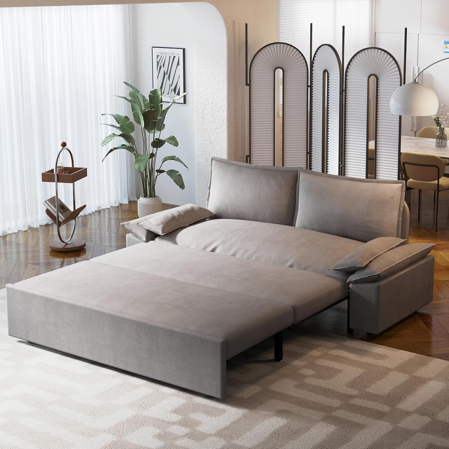 DEALTOPS Queen Pull-Out Sleeper Sofa Bed, 3-in-1 Velvet Loveseat for Small Spaces, Gray
