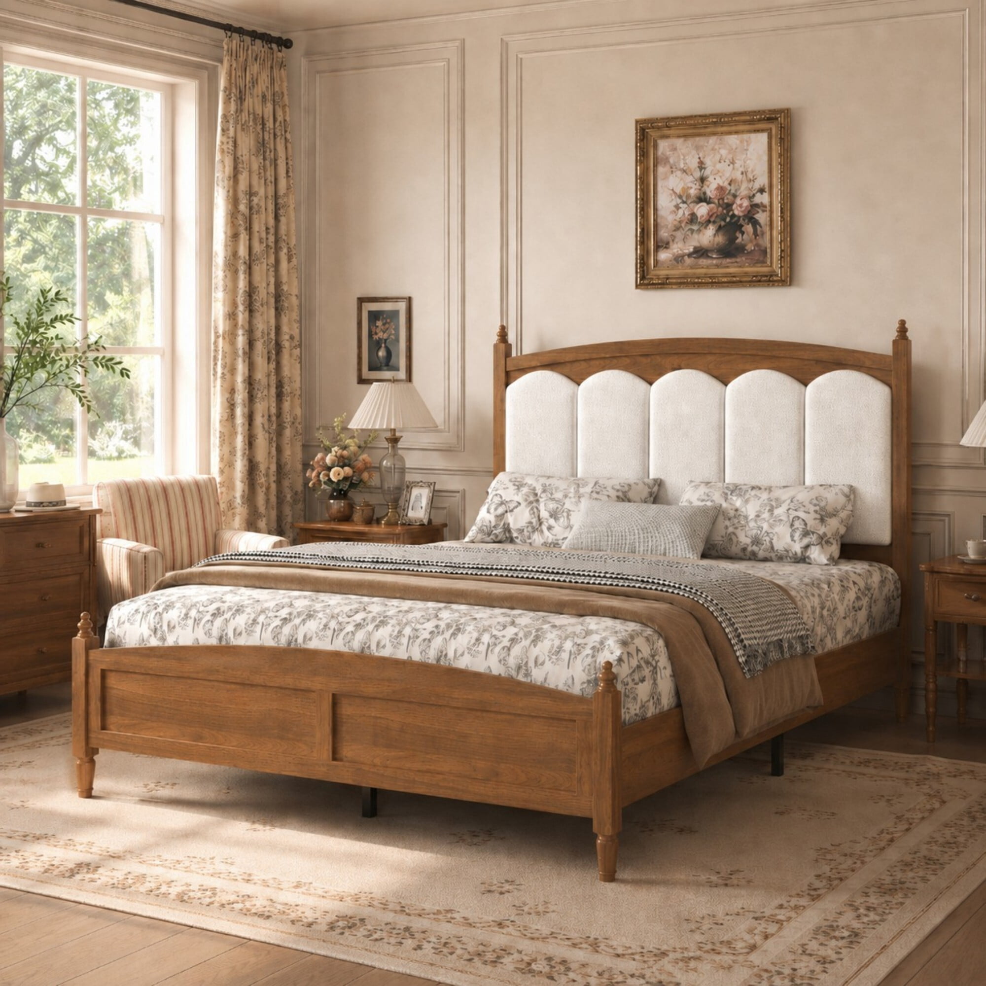 DEALTOPS Queen Size Platform Bed Frame with Boucle Upholstered Headboard, Wood Farmhouse Bed, No Box Spring, Brown