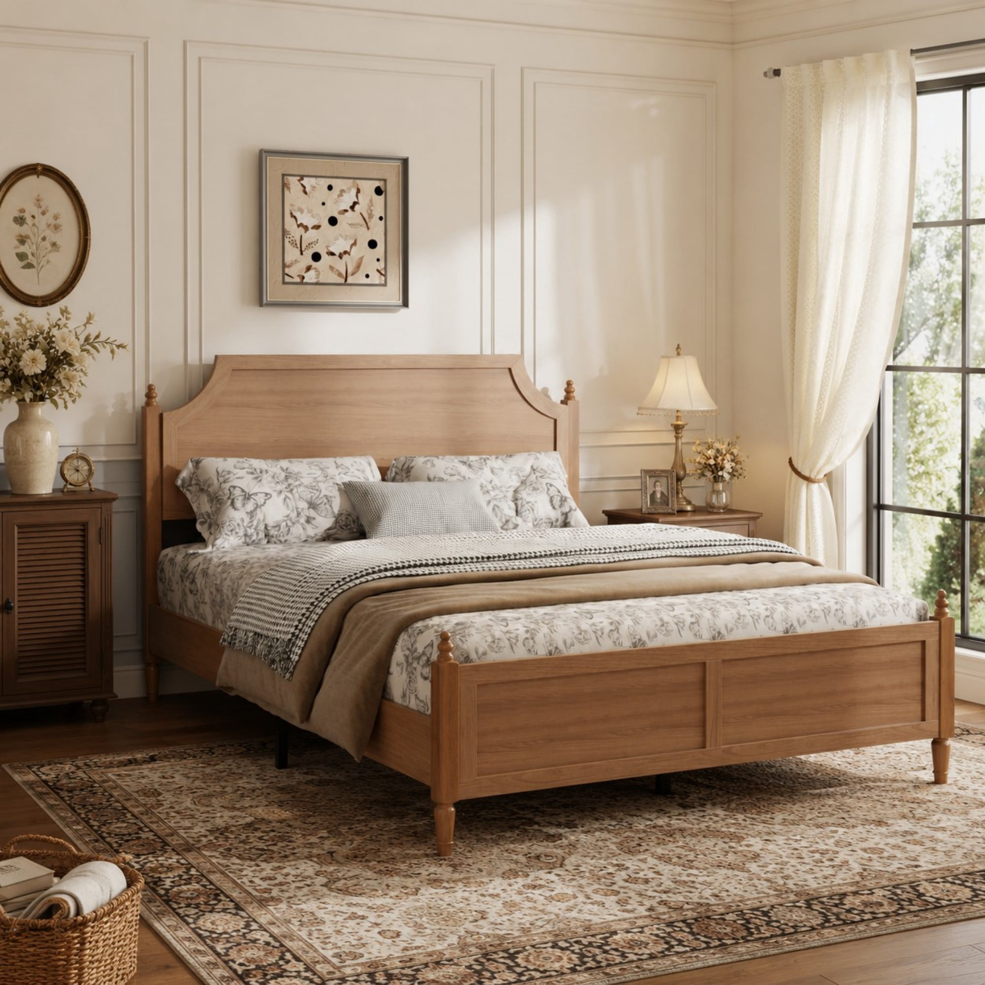DEALTOPS Queen Size Platform Bed Frame with Headboard & Footboard, Wood Farmhouse Bed, No Box Spring, Brown