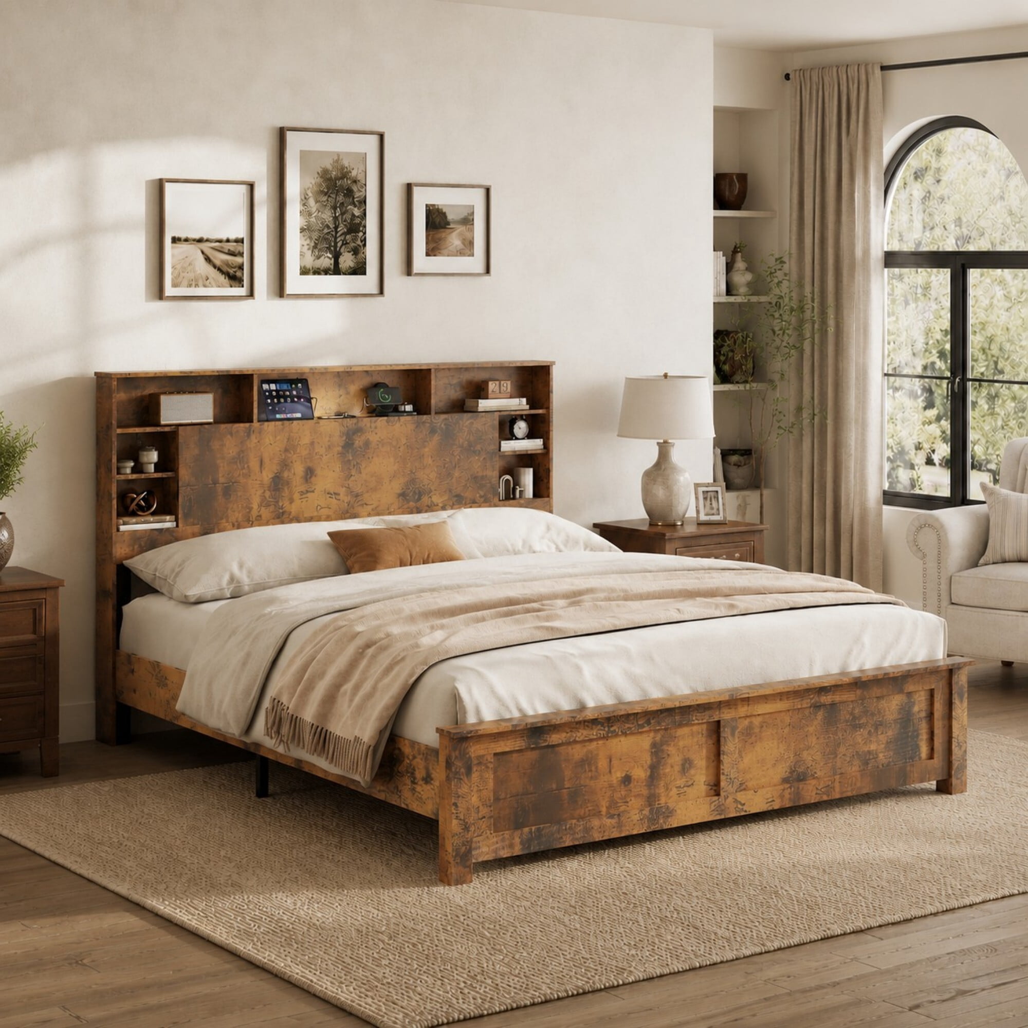 DEALTOPS Queen Size Platform Bed Frame with Storage Headboard, LED Light & Charging Station, Rustic Brown