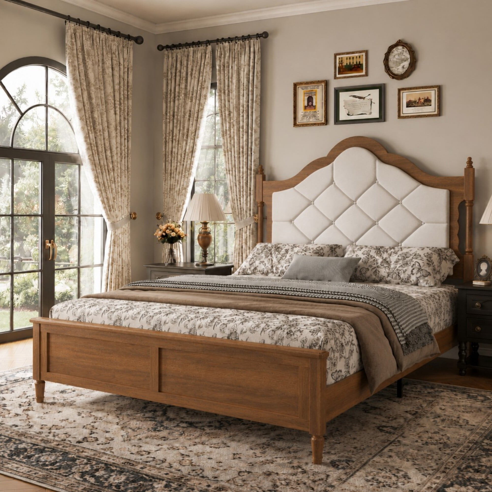 DEALTOPS Queen Size Platform Bed Frame with Velvet Upholstered Headboard, Wood Farmhouse Bed, No Box Spring, Brown