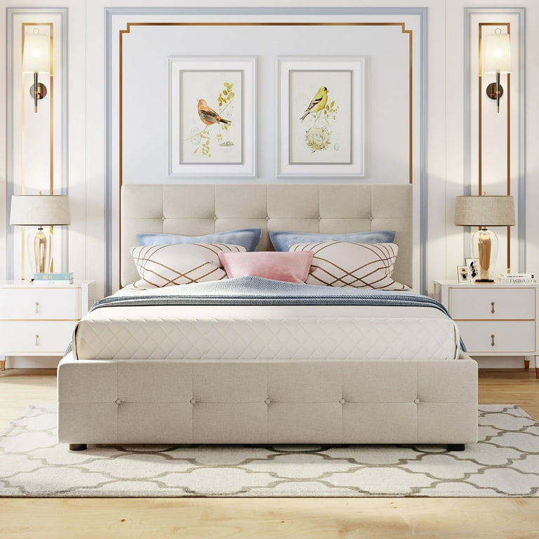 Dealtops Queen Size Upholstered Platform Bed with 2 Drawers and 1 Twin XL Trundle Dark Beige