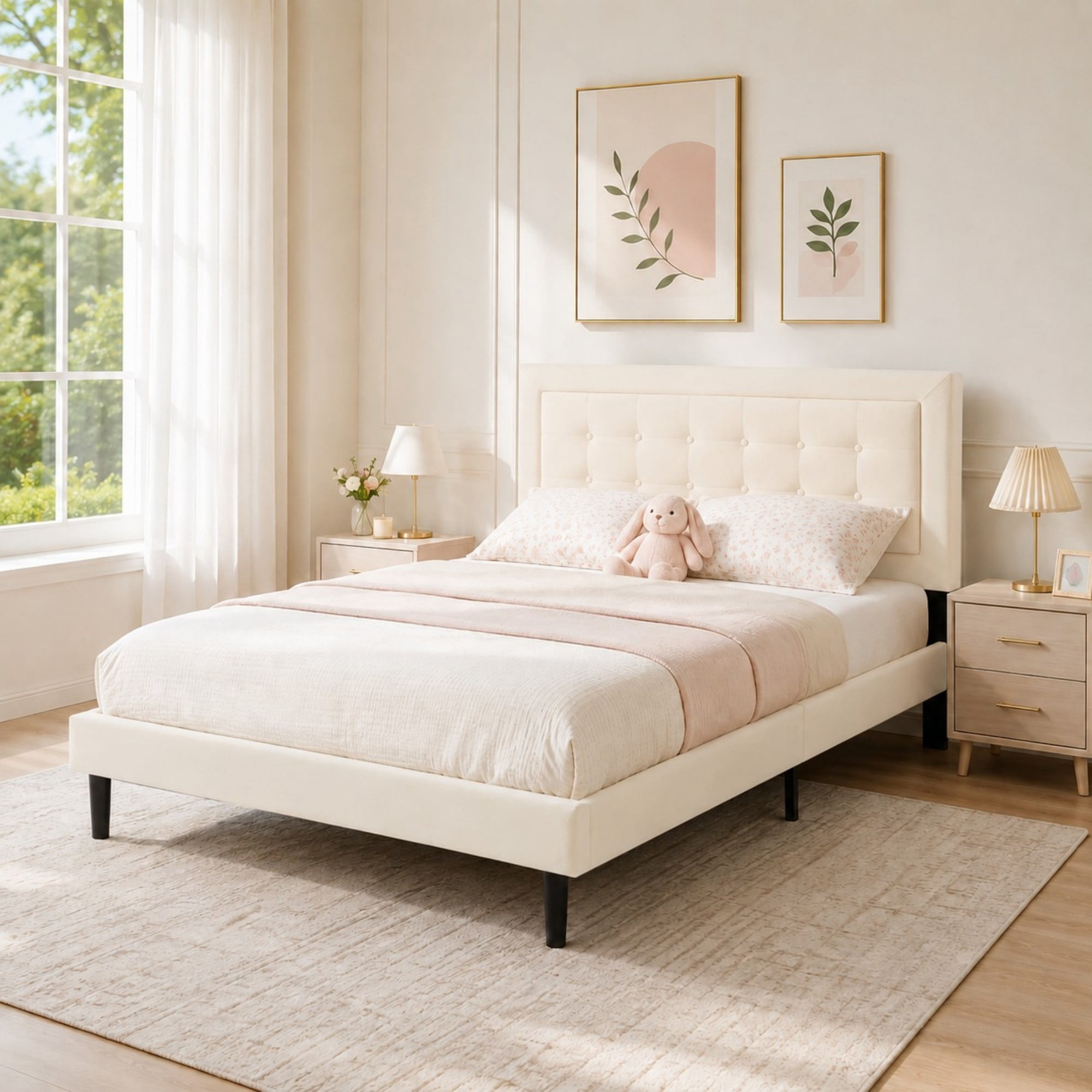 DEALTOPS Queen Size Velvet Platform Bed Frame, Upholstered Tufted Headboard, No Box Spring, Beige