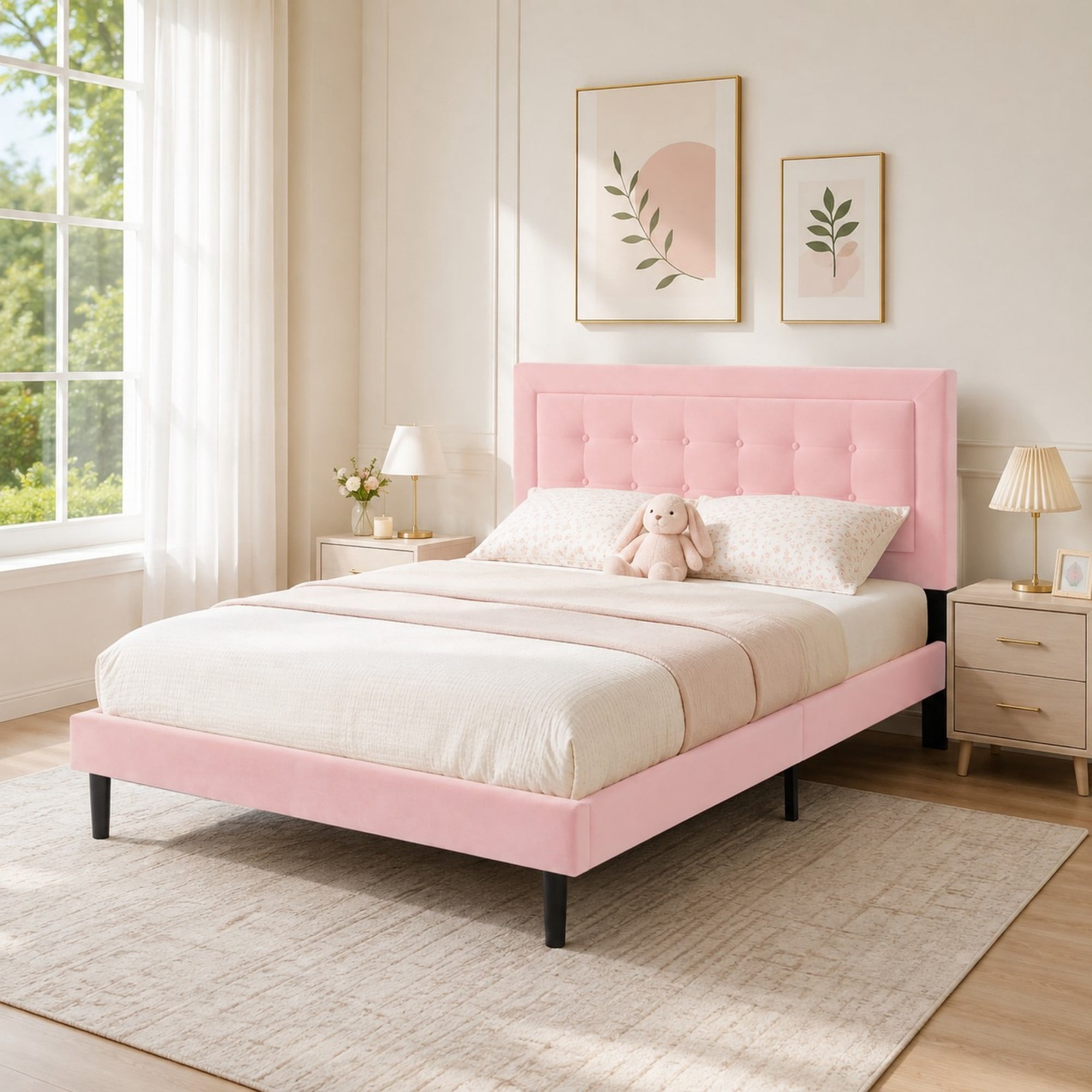 DEALTOPS Queen Size Velvet Platform Bed Frame, Upholstered Tufted Headboard, No Box Spring, Pink
