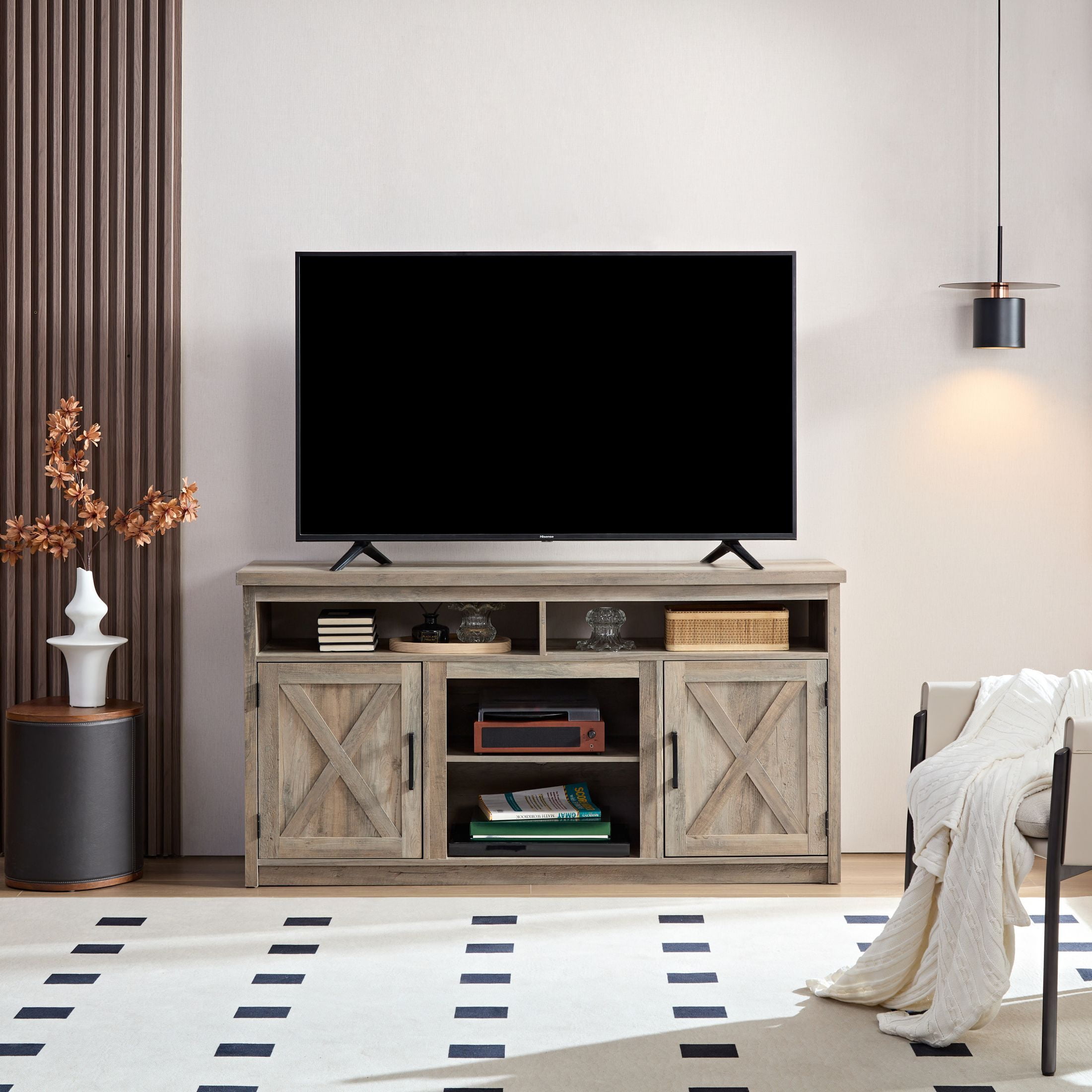 DEALTOPS Retro Farmhouse TV Stand with Barn Doors and Ample Storage for TVs Up to 60'', Gray Wash