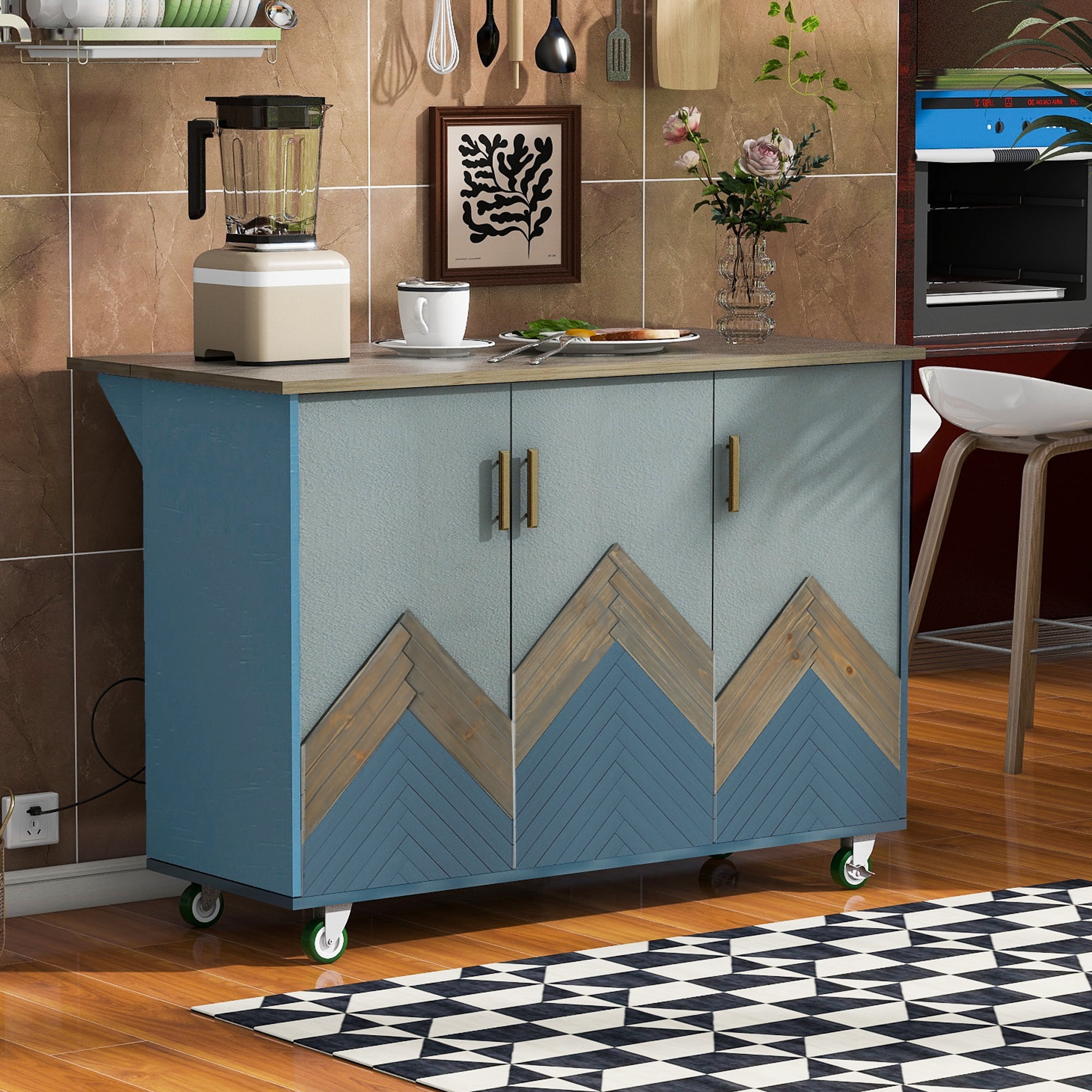 DEALTOPS 51"L Retro Mountain Wood Rolling Kitchen Island with Drop Leaf, Internal Storage Rack for Dining Room-Navy Blue
