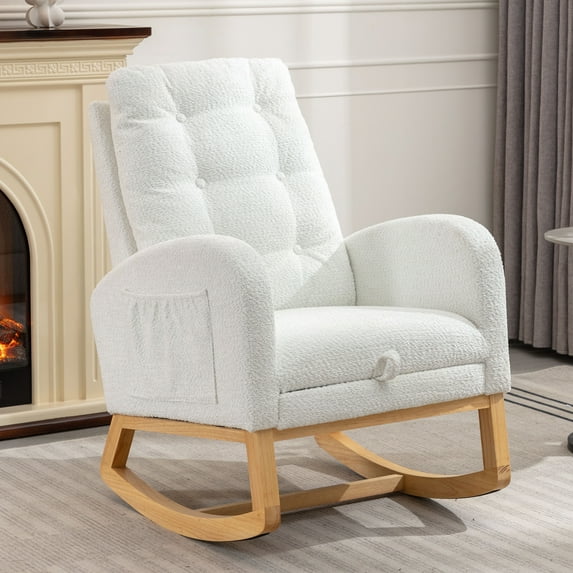 DEALTOPS Rocking Accent Chair with Footrest High Back Rubber Wood Legs for Bedroom Living Space-White