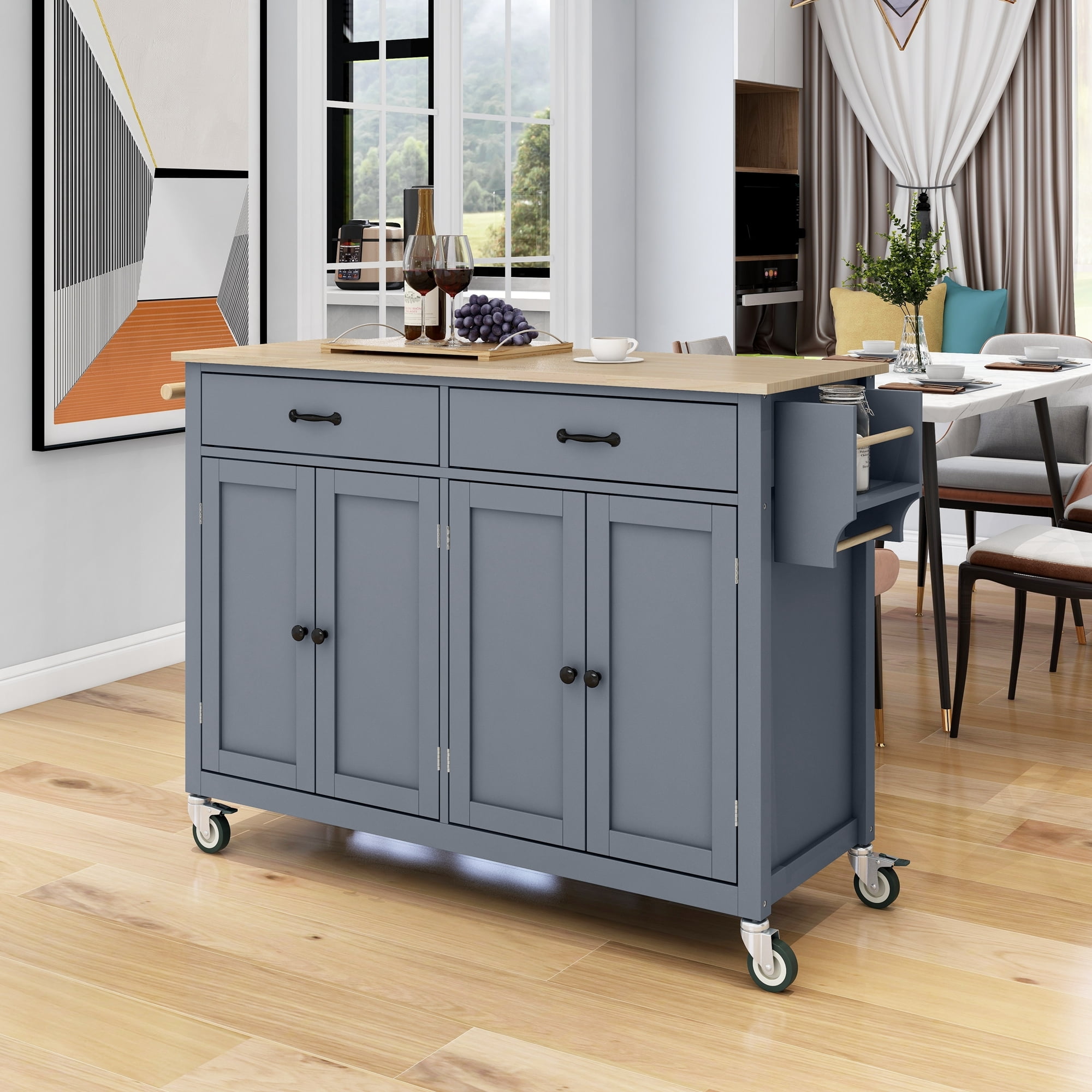 DEALTOPS Rolling Kitchen Islands with Adjustable Shelves, Wood Gray, 54.33 in