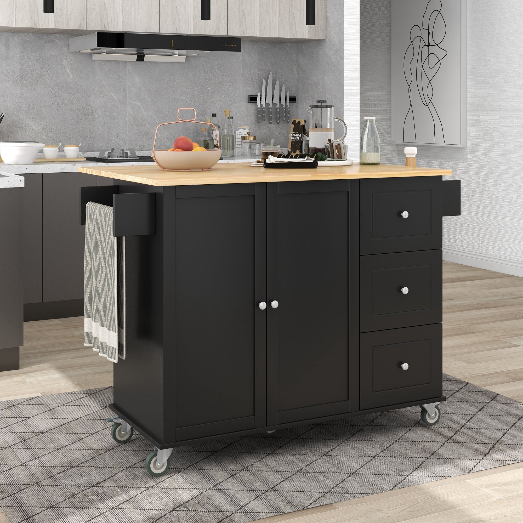 DEALTOPS Rolling Kitchen Islands with Storage Cabinet, Black, 52.76 in