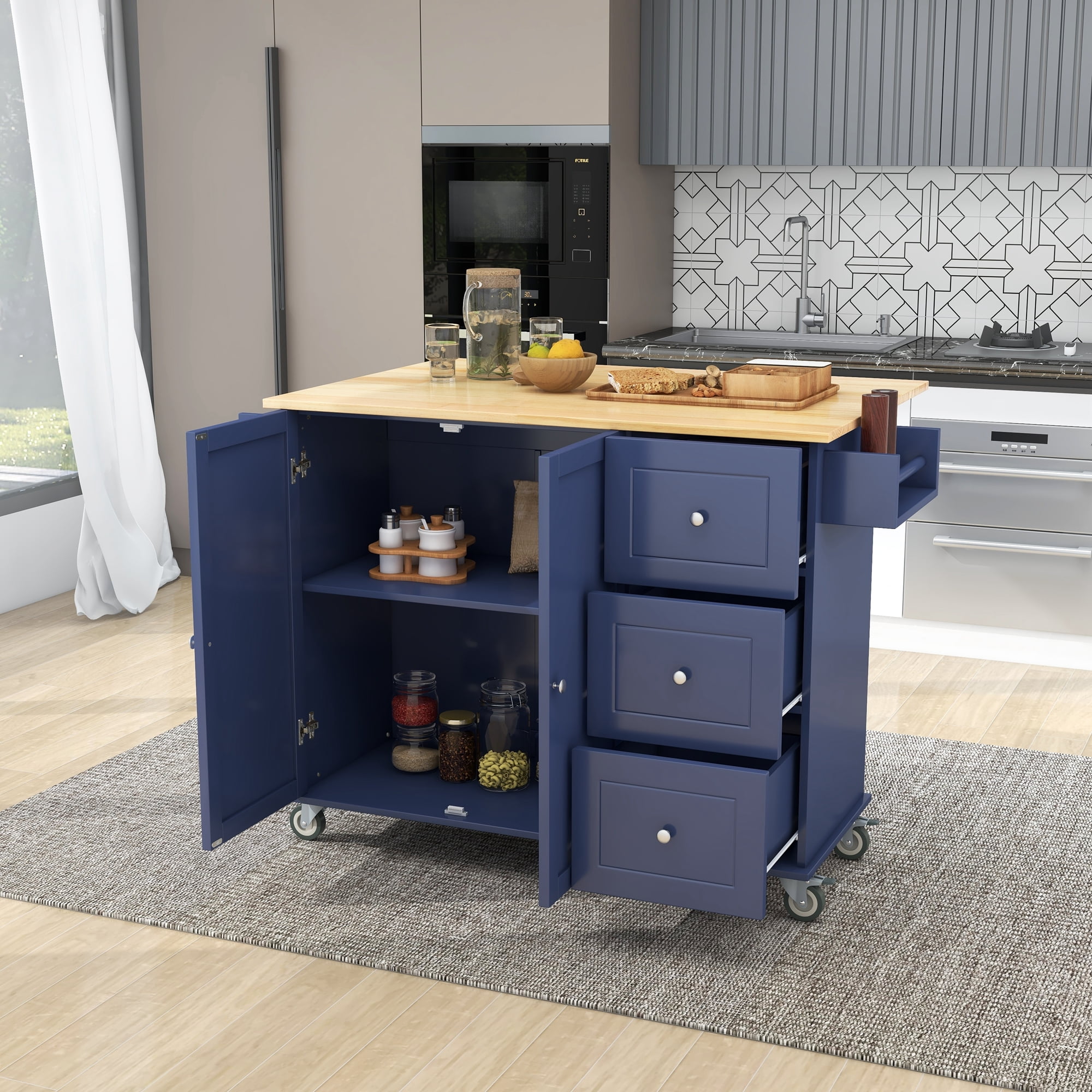 DEALTOPS Rolling Kitchen Islands with Storage Cabinets, Solid Wood Blue, 52.76 in