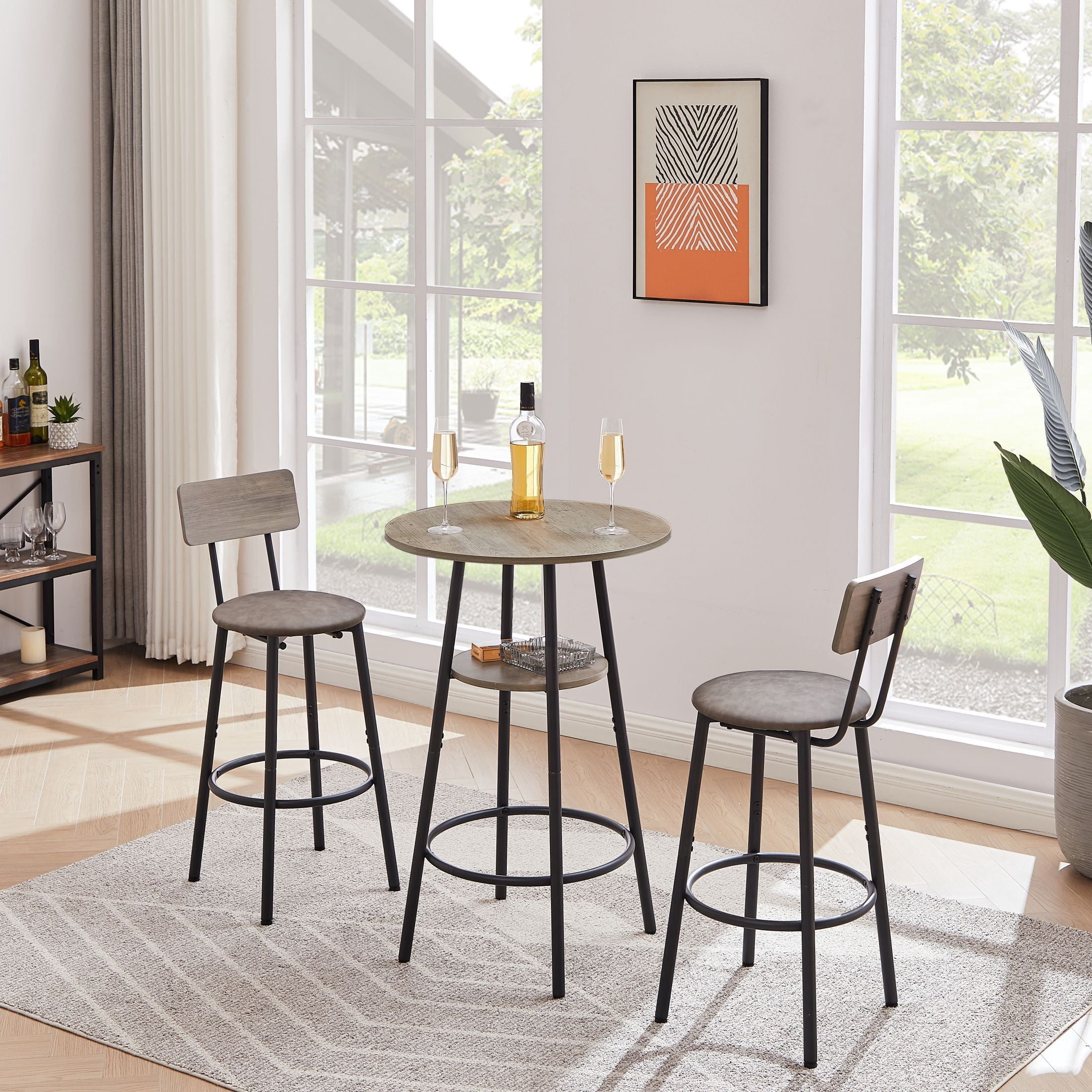 DEALTOPS Round bar stool set with shelf, upholstered stool with backrest-Grey, 23.62'' W x 23.62'' D x 35.43'' H