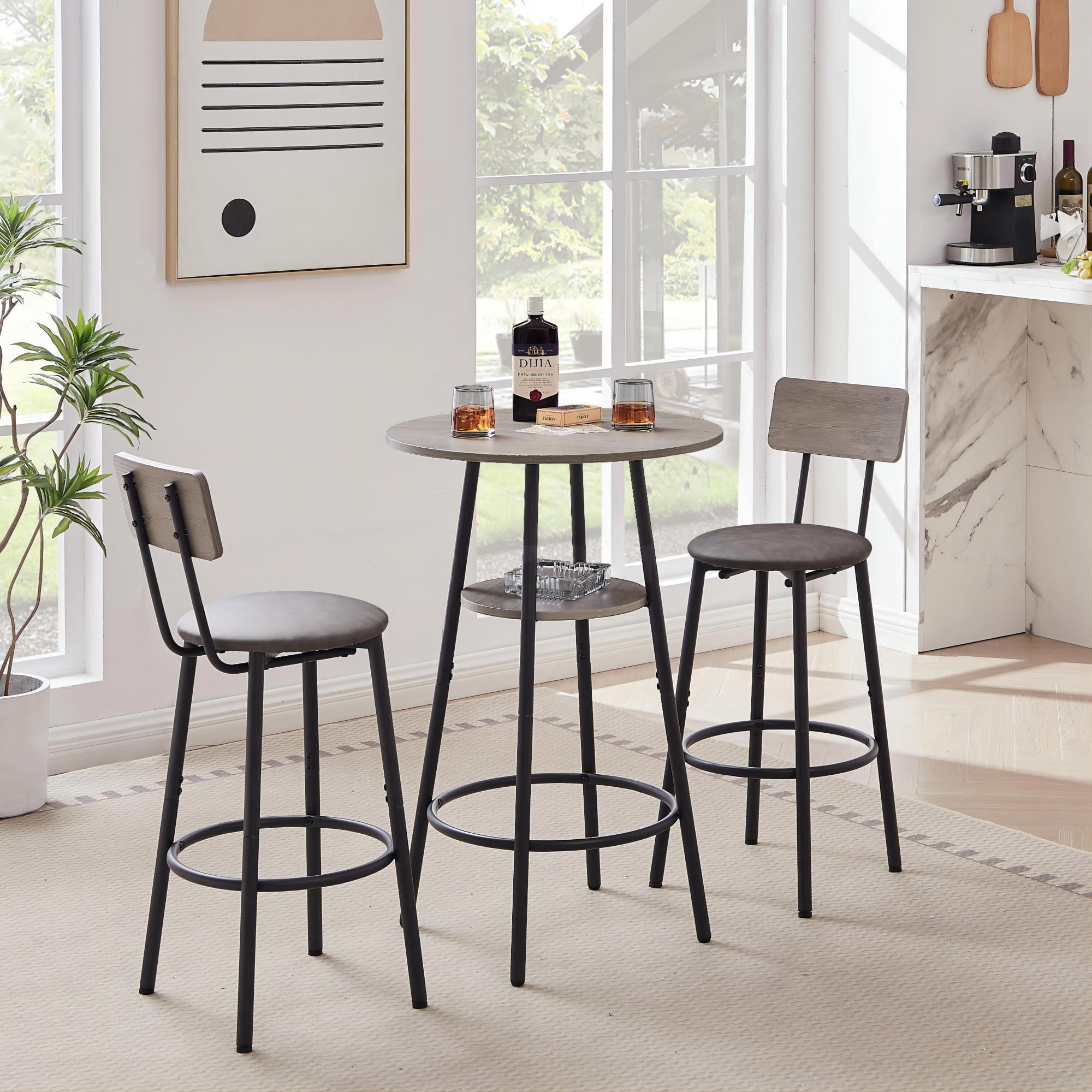 DEALTOPS Round bar stool set with shelf, upholstered stool with backrest-Grey