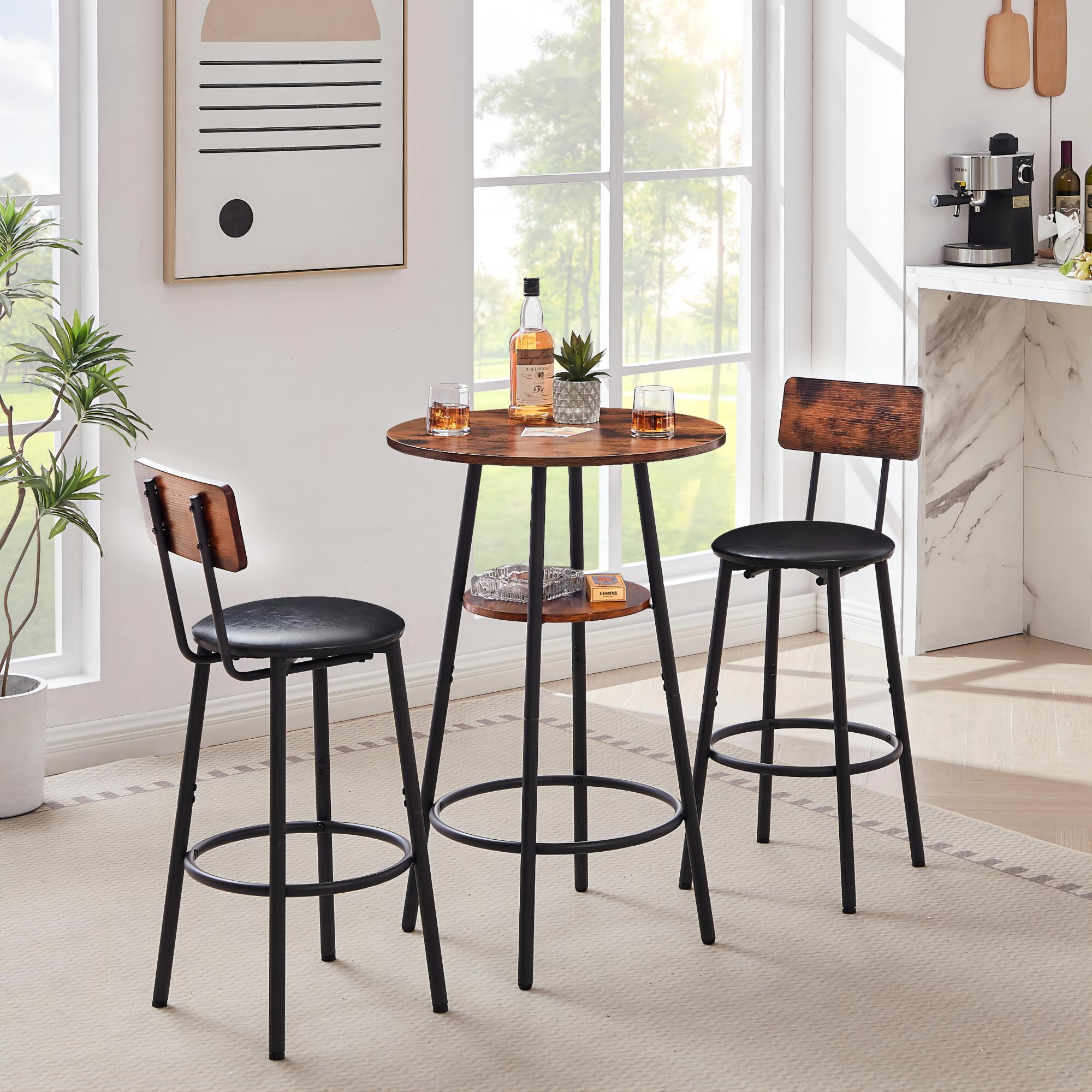 DEALTOPS Round bar stool set with shelf, upholstered stool with backrest-Rustic Brown