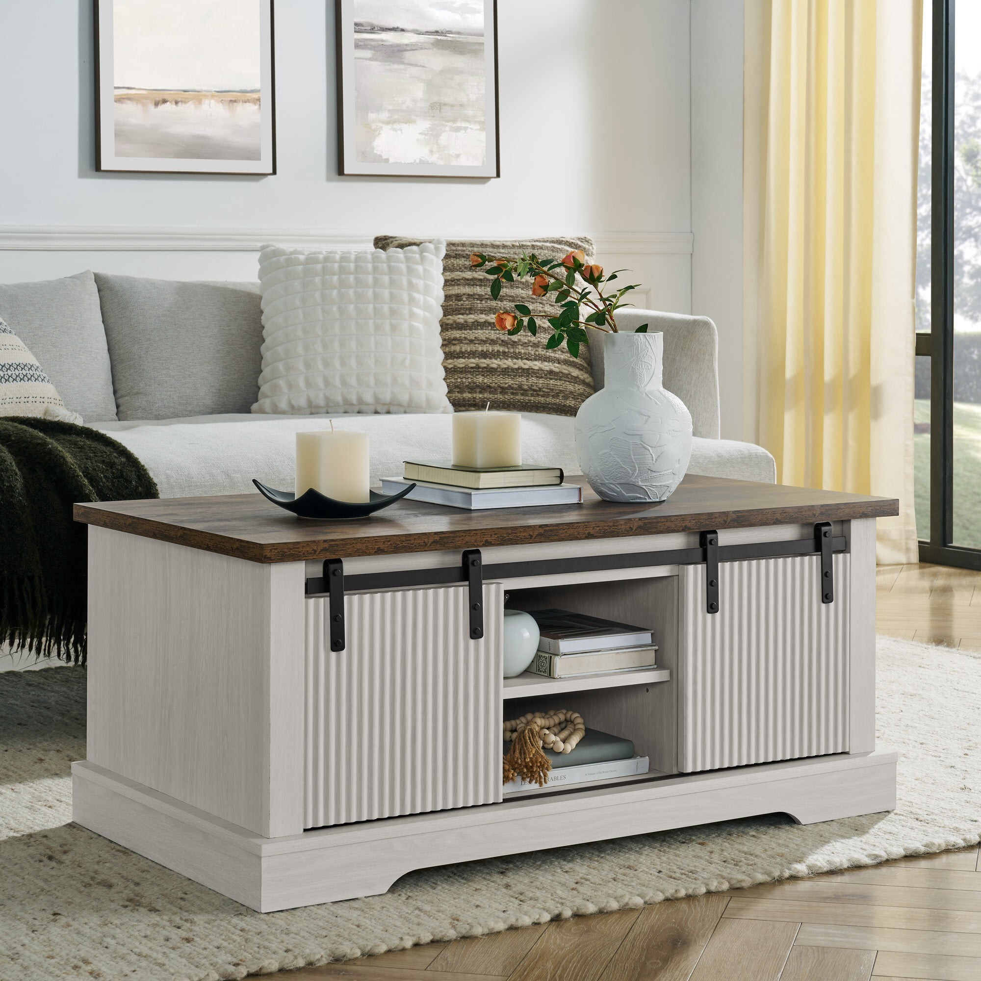 DEALTOPS Rustic Farmhouse Coffee Table with Sliding Barn Doors, Modern Accent Furniture, Antique White