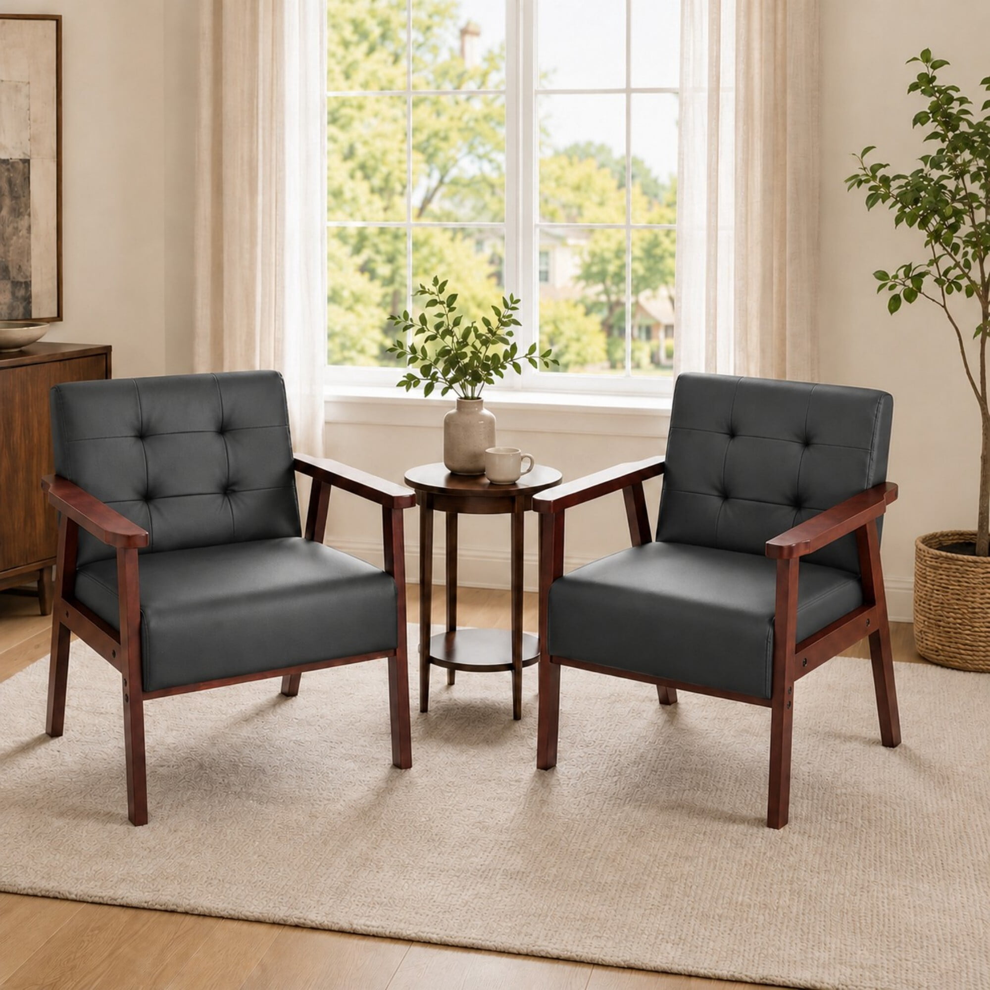 DEALTOPS Set of 2 Faux Leather Accent Chairs, Wood Frame Tufted Armchairs with Square Arms, Black