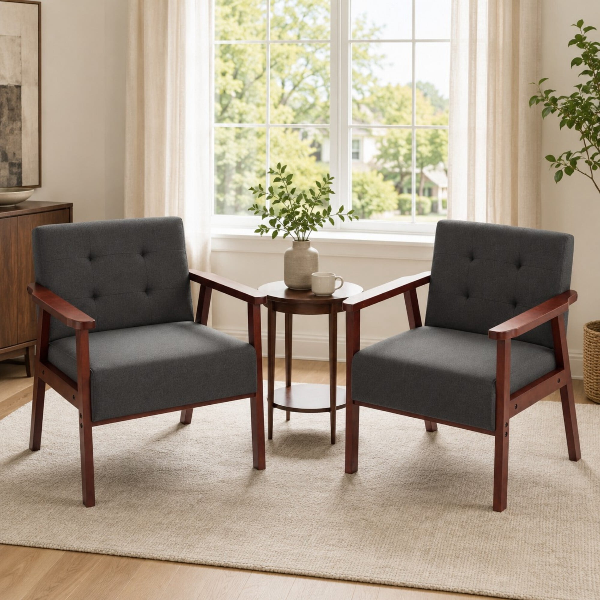 DEALTOPS Set of 2 Linen Accent Chairs, Wood Frame Tufted Armchairs with Square Arms, Charcoal Gray