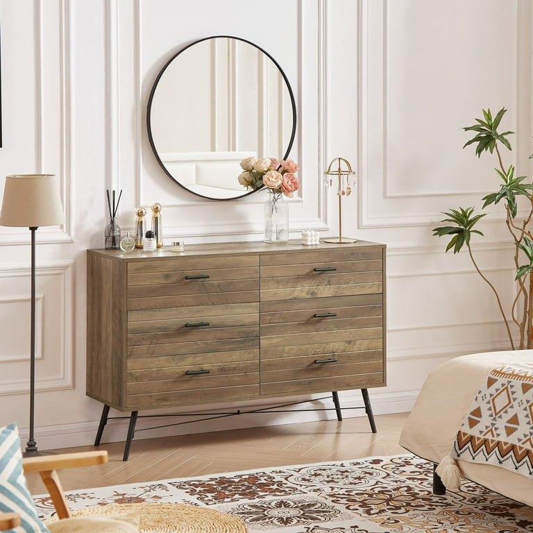 DEALTOPS Sleek 6 Drawer Dresser with X Shaped Feet Spacious Chests of Drawers Rustic Walnut Walmart