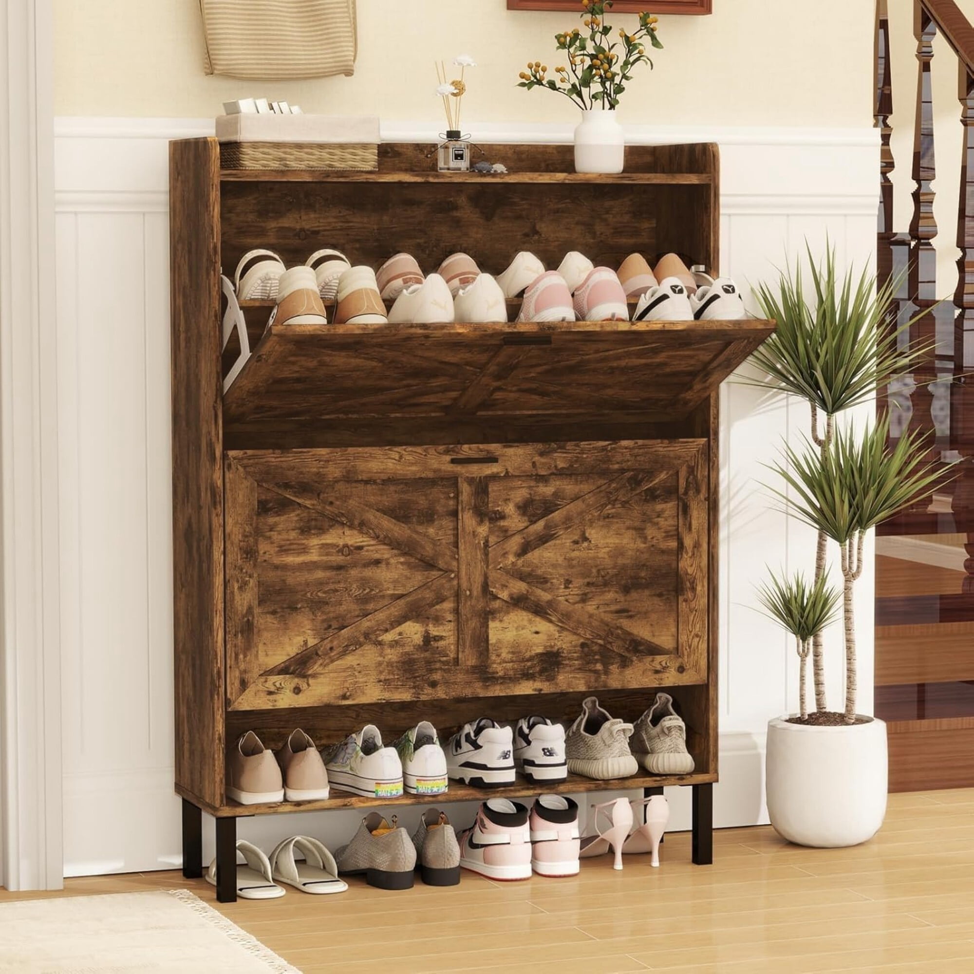 DEALTOPS Slim Flip-Drawer Shoe Cabinet – Rustic Narrow Entryway Storage for 20+ Pairs, Rustic Brown