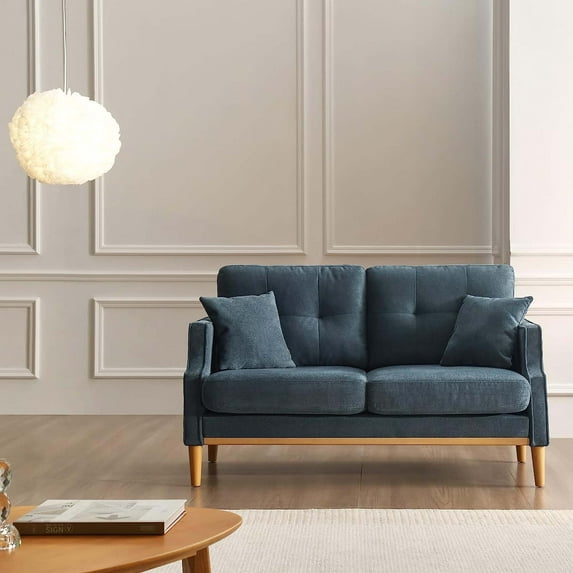 DEALTOPS Small Couch with 2 Pillows, 57'' Accent Loveseat Sofa, Comfy Blue Couch for Living Room, Bedroom