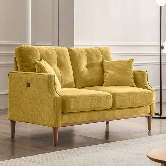 DEALTOPS Small Couch with 2 Pillows, 57'' Accent Loveseat Sofa, Comfy Yellow Couch for Living Room, Bedroom