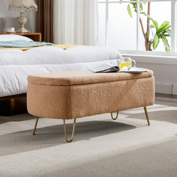 DEALTOPS Stylish Faux Fur Storage Bench, Oval Ottoman with Storage Space and Metal Legs, Camel