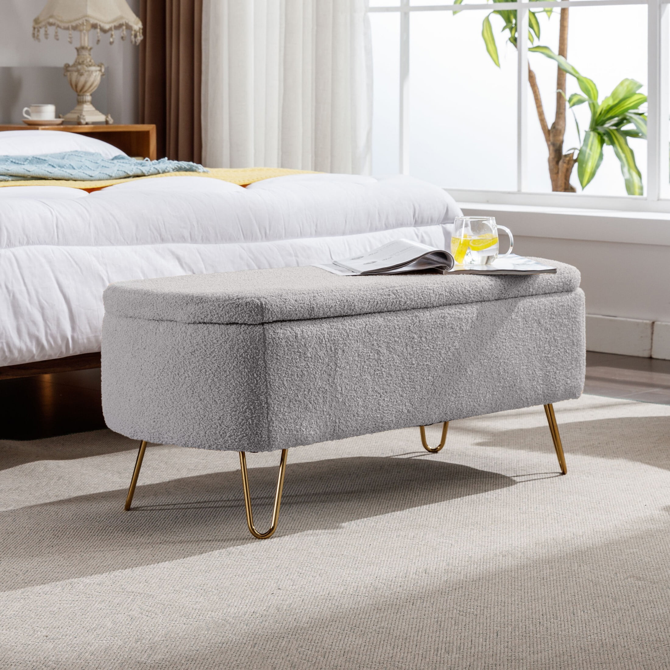 DEALTOPS Stylish Faux Fur Storage Bench, Oval Ottoman with Storage Space and Metal Legs, Gray