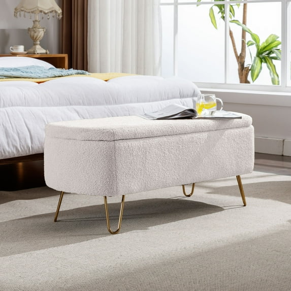DEALTOPS Stylish Faux Fur Storage Bench, Oval Ottoman with Storage Space and Metal Legs, Ivory