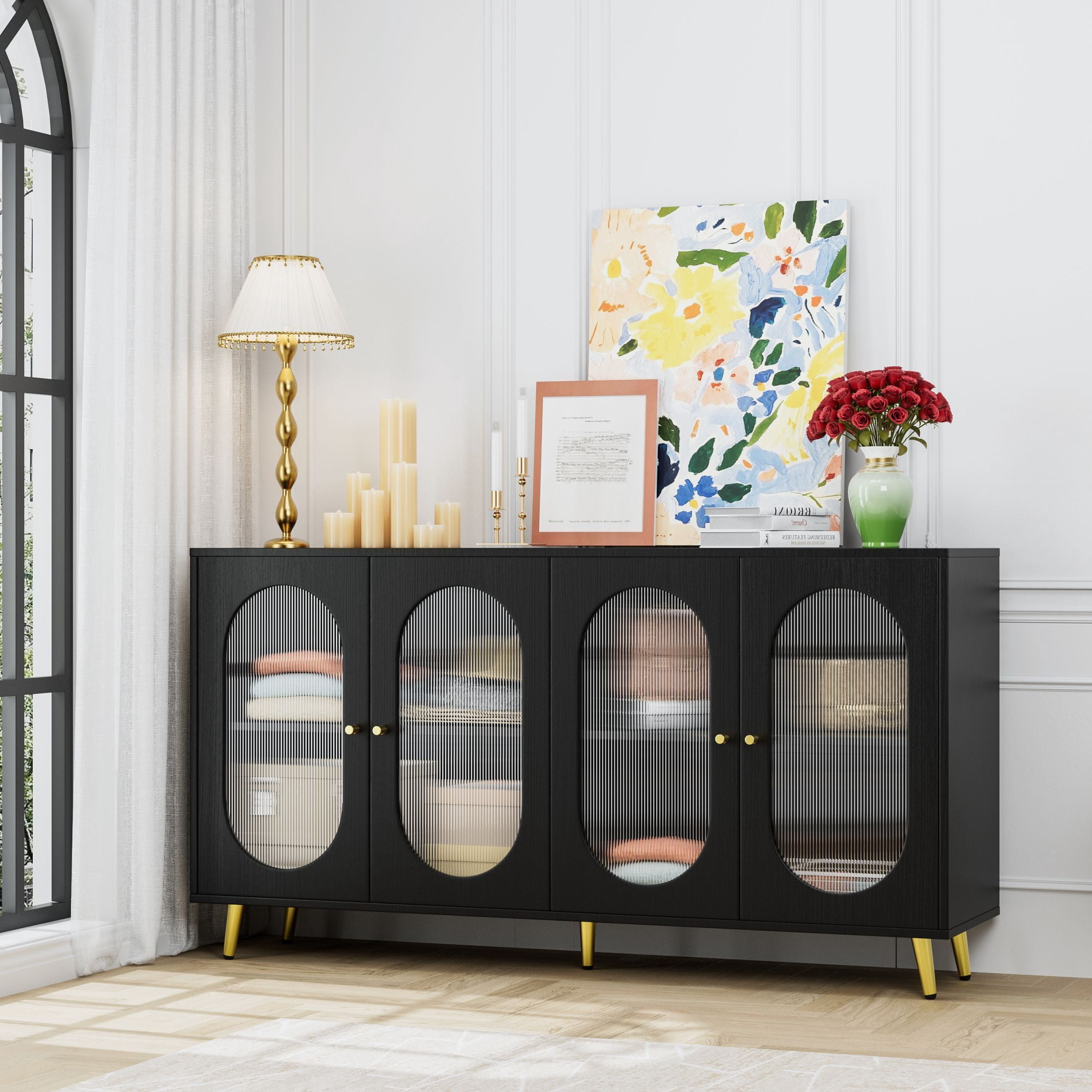 DEALTOPS Stylish Sideboard with Acrylic Cabinet Doors, Adjustable Shelves and Metal Feet and Handles, Black